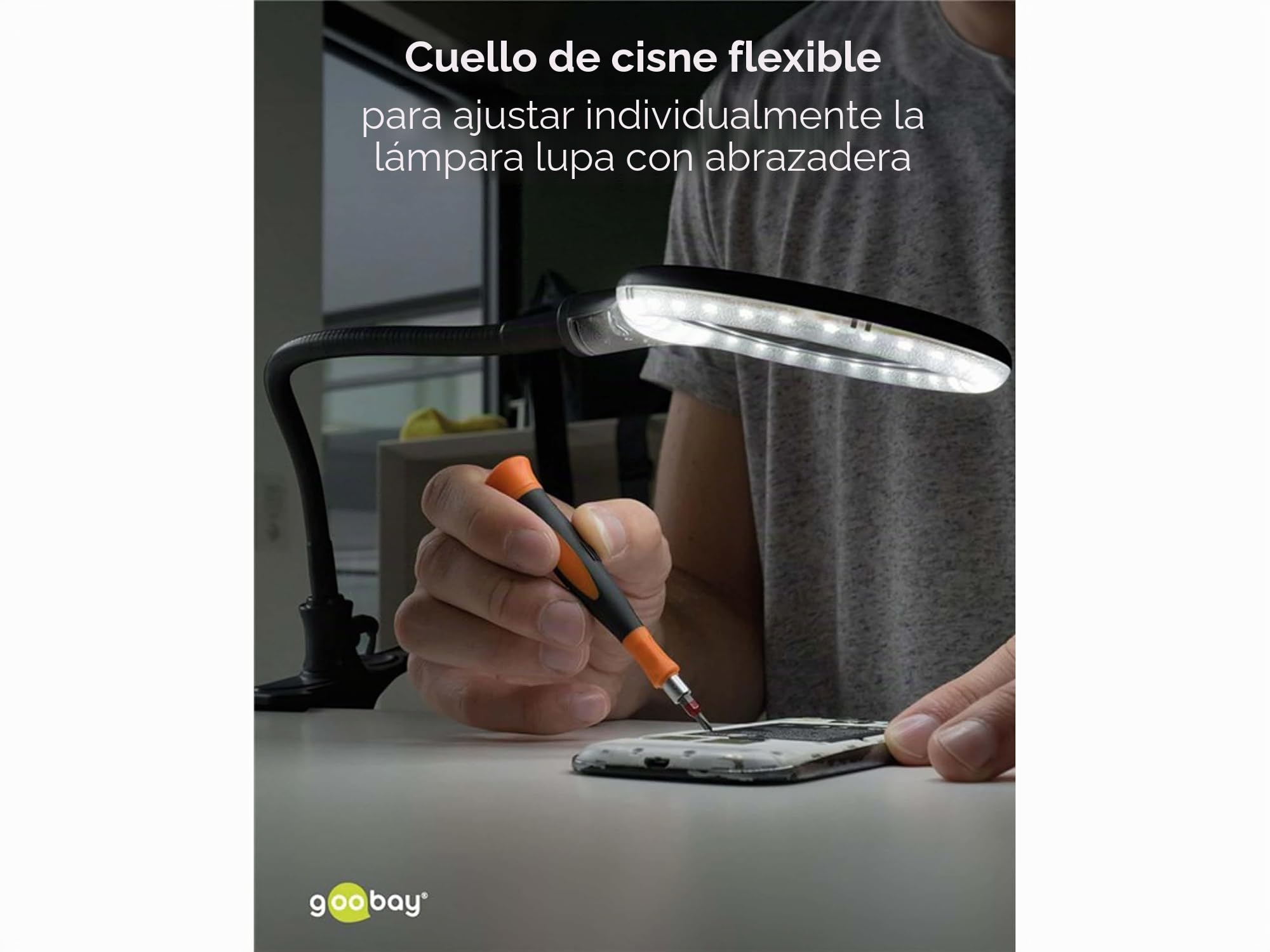 goobay 64990 Lámpara lupa LED 6W 480lm/ soporte lámpara lupa, pinza/lente cristal 100mm 1,75 aumentos/lupa trabajo cosmética, soldadura, manualidades, leer/cuello cisne/lámpara sobremesa