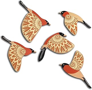 Vumyhuby 5 Pcs Orange Wooden Bird Wall Art | Rustic Folk Art Wall Decor for Indoor Use | Handcrafted Wood Flying Birds Wal...