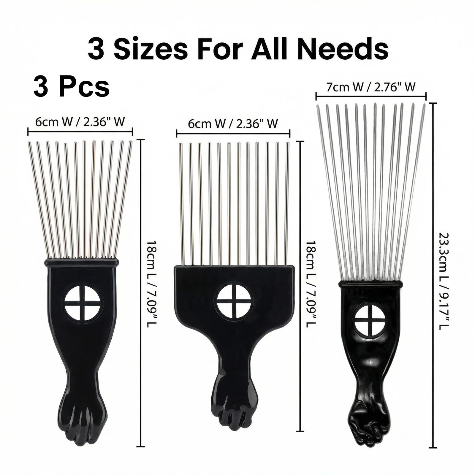 Peine de dientes anchos para cabello rizado y grueso de metal (3 unidades, herramienta de peluquería para hombres y mujeres, con mango de plástico)
