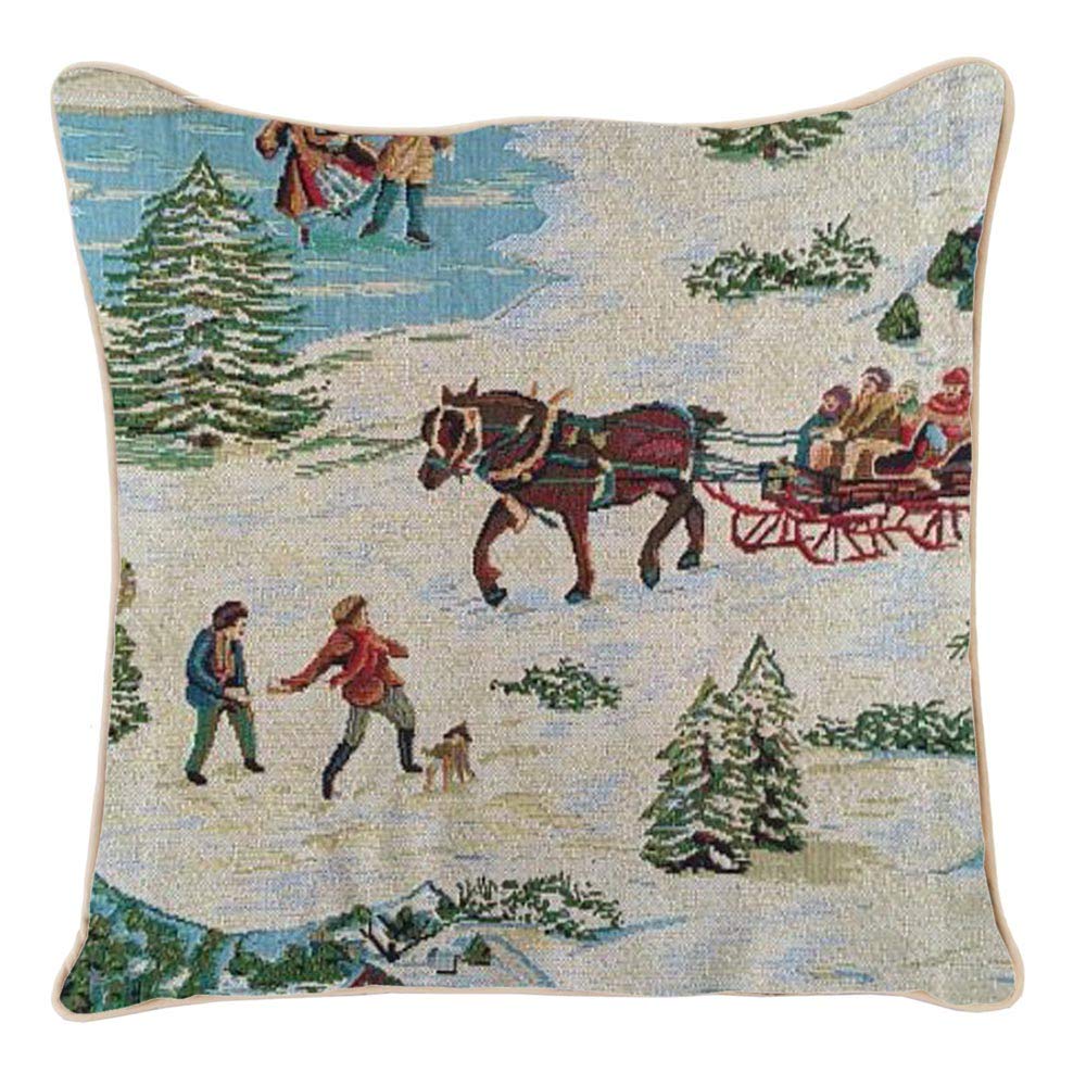 Signare Tapestry Cushion Cover 18 x18 inches 45cm x 45cm Decorative Sofa Cushions with Christmas Design (Sleigh, CCOV-XMAS-SLEIGH)