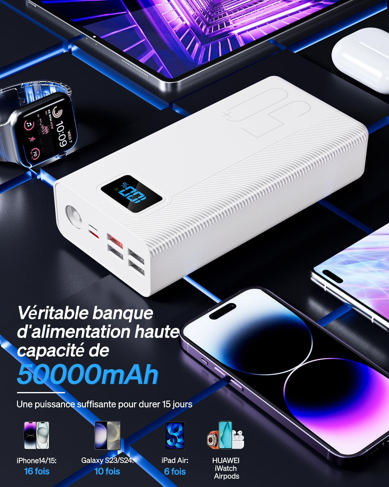Power Bank 50000mAh:22,5W Batteria esterna a ricarica rapida con grande capacità e 5 uscite e 3 ingressi lettore MP3 3PM-bianco