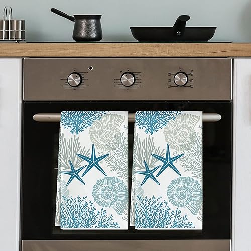 Miniatura 7 de AnyDesign Toalla de cocina con temática oceánica playa concha estrella de mar coral toalla de té de criatura marina para cocinar hornear accesorios