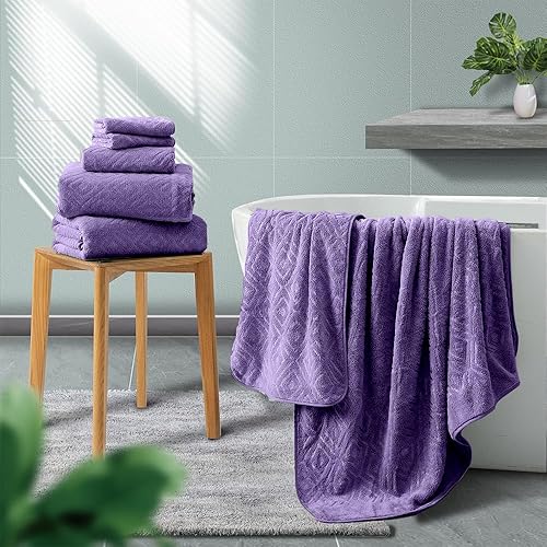 Miniatura 5 de CHINO Juego de 4 toallas de baño extragrandes de 35 x 70 pulgadas, suaves, de secado rápido, superabsorbentes, de microfibra con patrón de diamante,