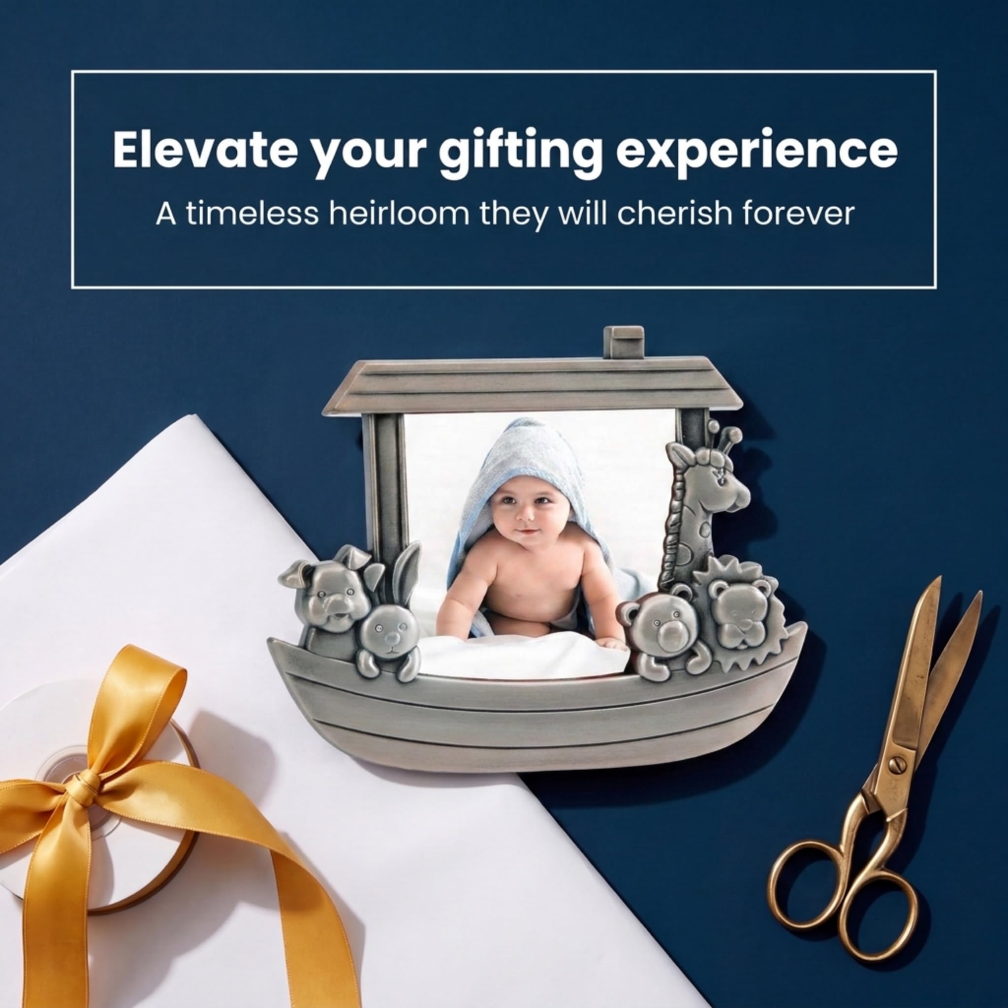 Creative Gifts International Bilderrahmen Arche Noahs, 7,6 x 7,6 cm, gebürstetes Zinn-Finish, Tier-Design, Kinderzimmer-Dekoration, Geschenkbox im Lieferumfang enthalten