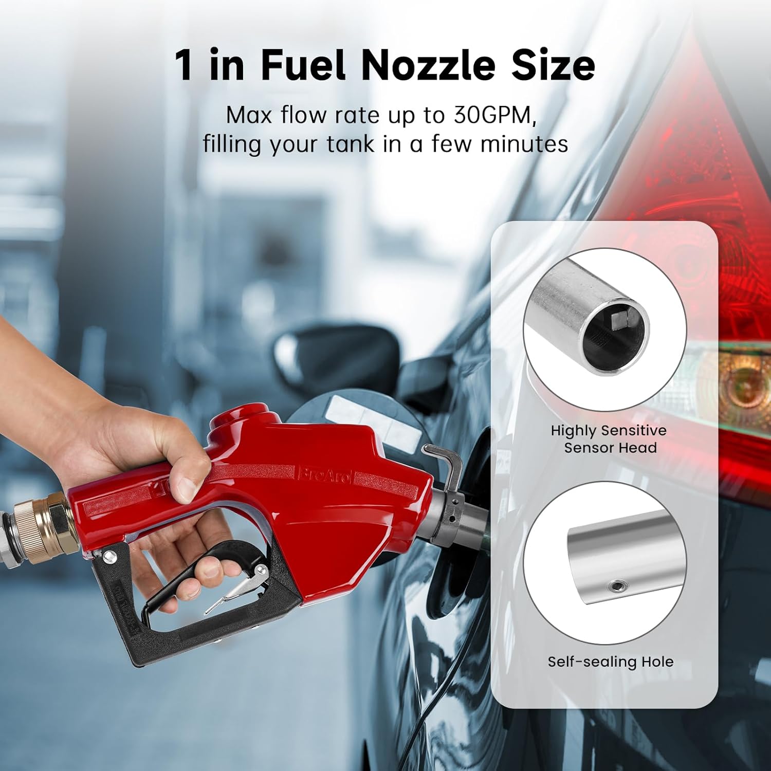 1 Inch NPT Automatic Fuel Nozzle Auto Shut-Off Red with Swivel Joint 19/16 Inches (OD=30mm) Gas Pump Nozzle Three Notch Hold Open Clip Used For Diesel, Petro
