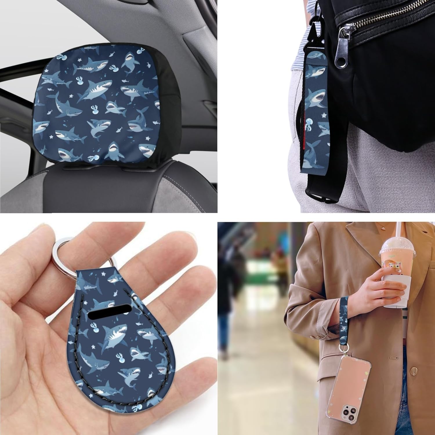 Cartoon Mini Shark 13 Pcs Seat Covers Full Set Front and Back Seat Covers Steering Wheel Cover Seatbelt Strap Cover Cup Mat Keychains(Navy Blue)