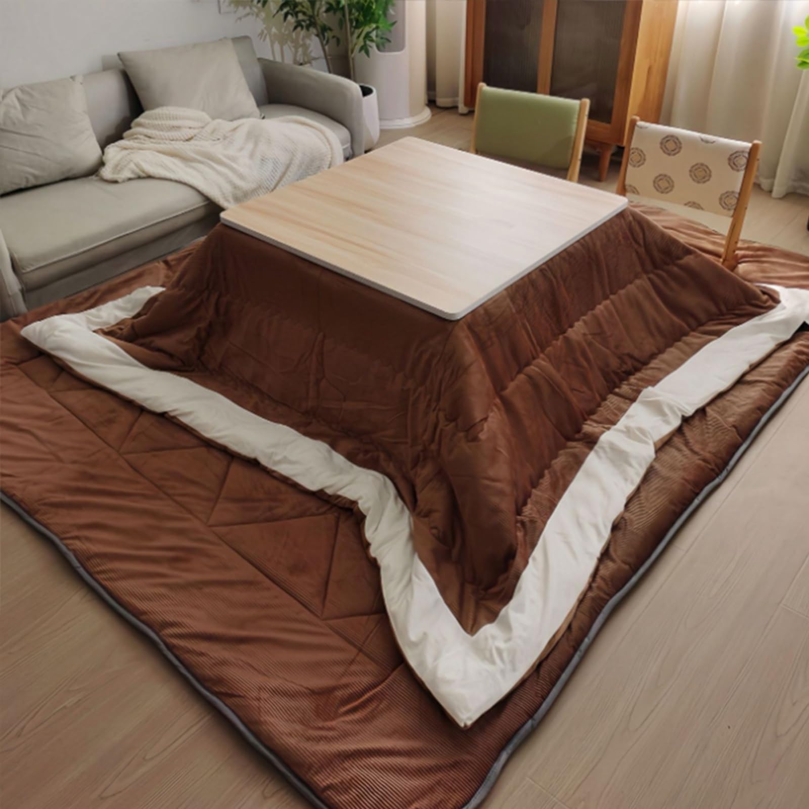 Juego de Mesa Kotatsu Plegable, Mesa de Suelo Japonesa con Calentador eléctrico y Manta, Calentador para pies, para Cuatro Estaciones, marrón, 80 x 80 x 40 cm