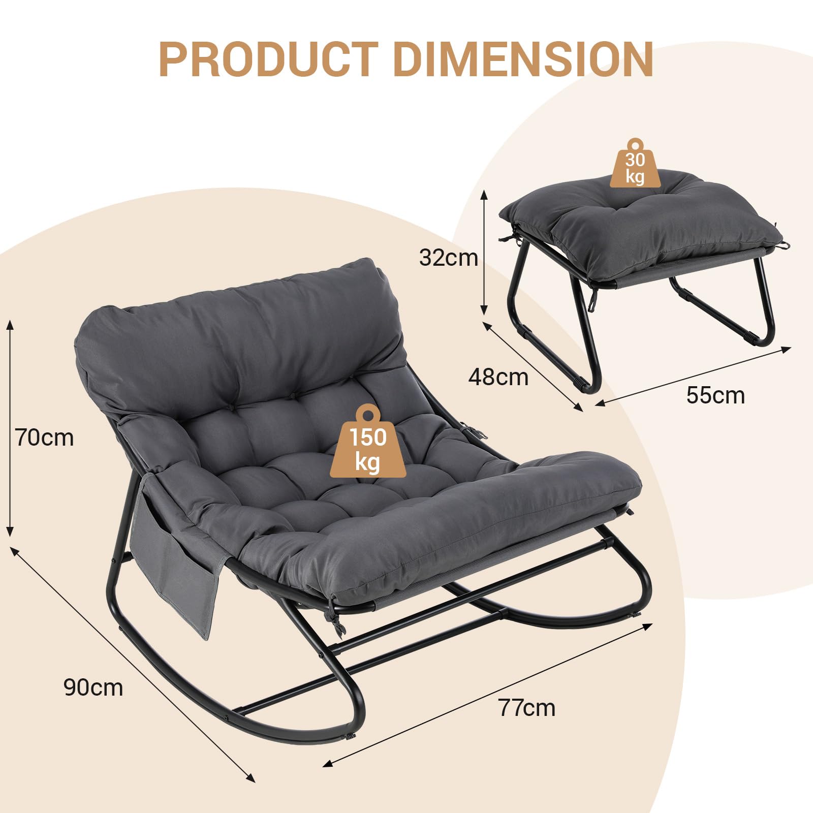 LIFERUN Schaukelstuhl mit Hocker, Patio Schaukelliege, Waterproof, 1 PCS | Schaukelsessel mit Gepolsterter, bis 150 kg Belastbar, für Garten Balkon Wohnzimmer Hof Schlafzimmer Terrasse, Grau