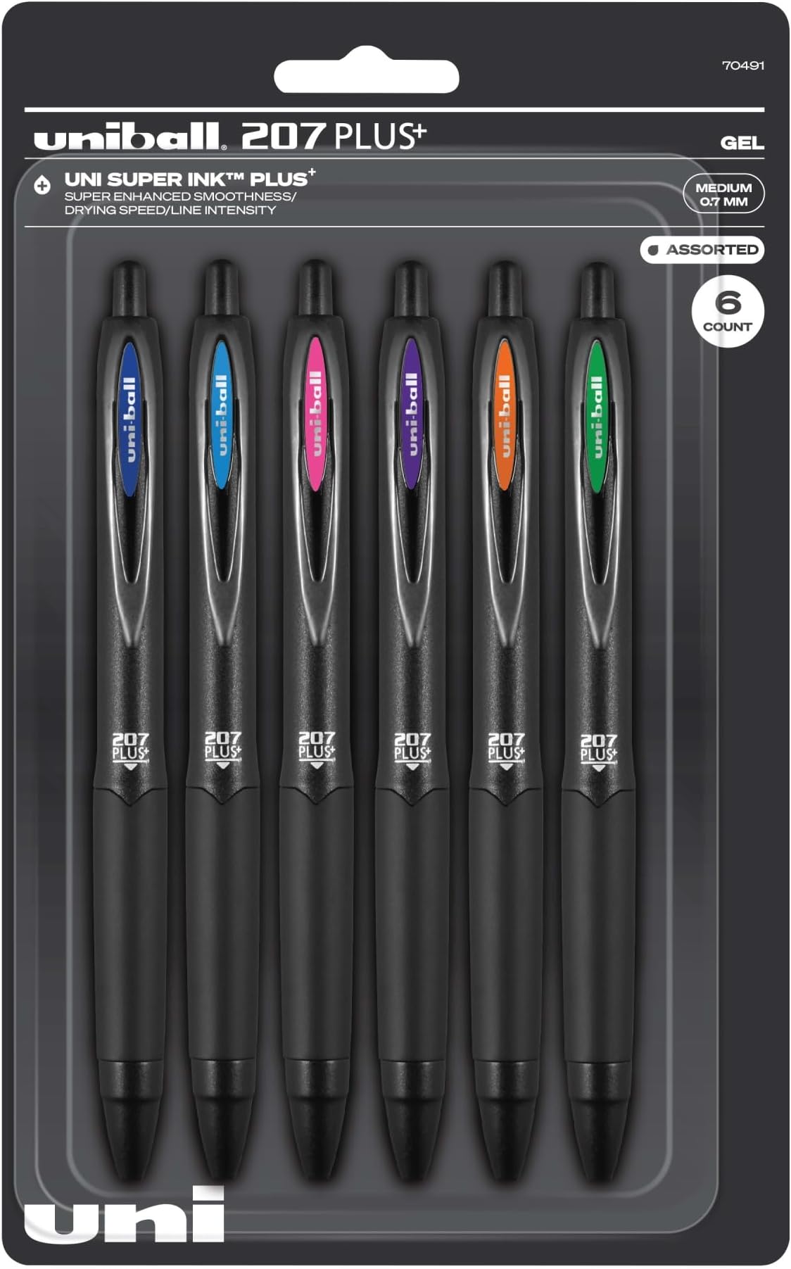 207 Plus+ Retractable Gel Pens, Medium Point, 0.7 mm, Black Barrel, Assorted Ink, Pack Of 6 Pens