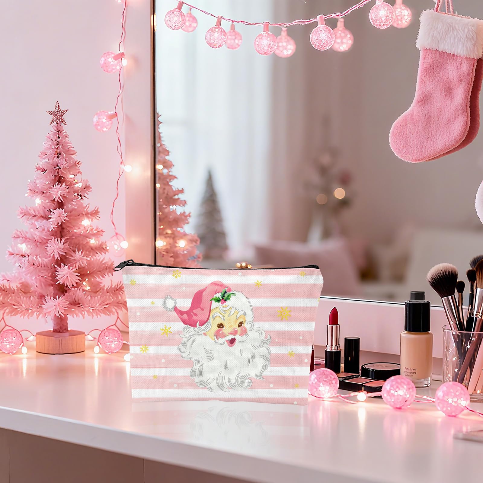 Pink Christmas Santa Claus Makeup Bag, Xmas Snowflakes Women Large Capacity Zipper Cosmetic Bag - Image 2