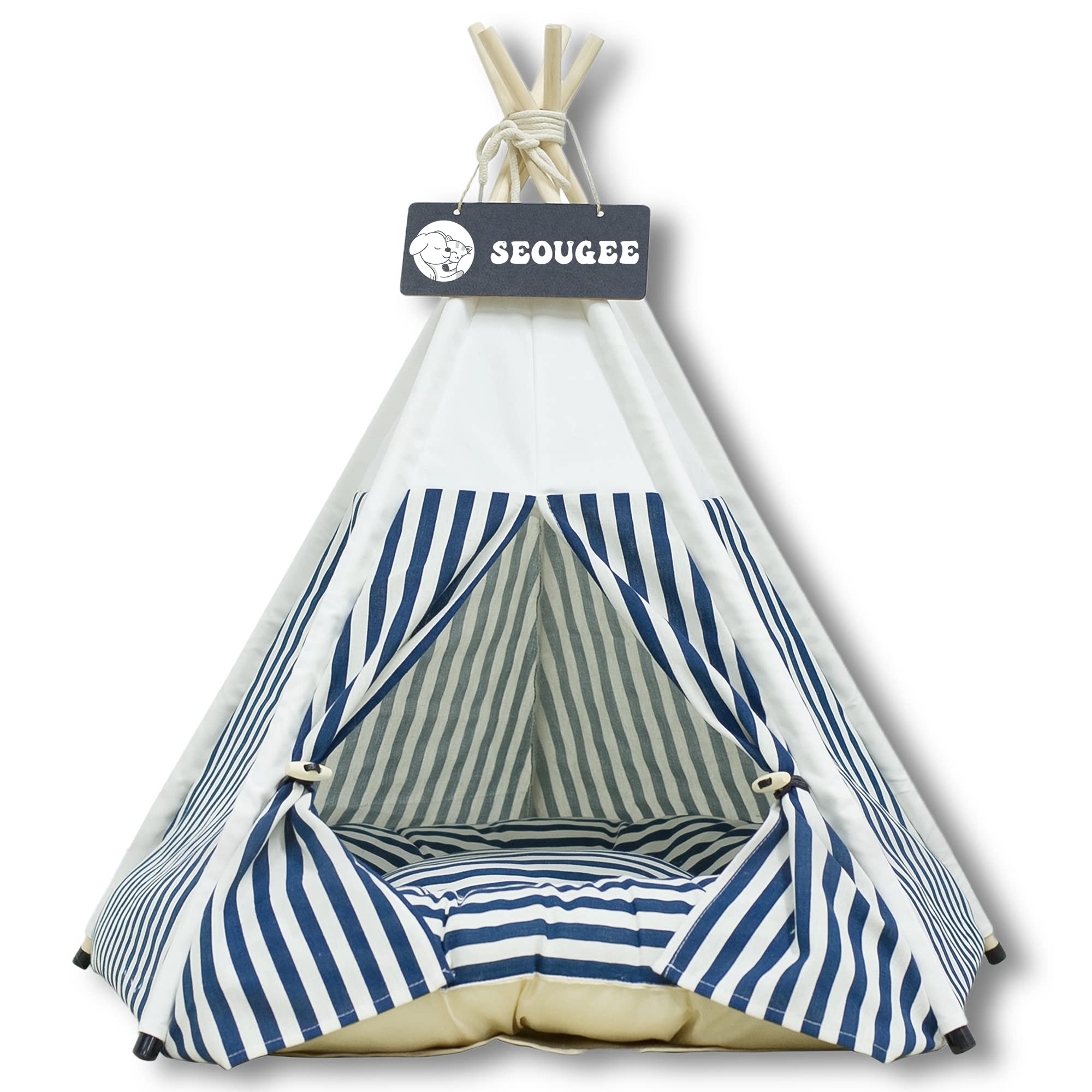SEOUGEE Pets Teepee Tent for Dogs and Cats Washable and Removable Cotton Canvas Dog Bed and Cat House with Cushion Indoor and Outdoor Pet Kennel and Play House Portable and Stylish Tipi Design