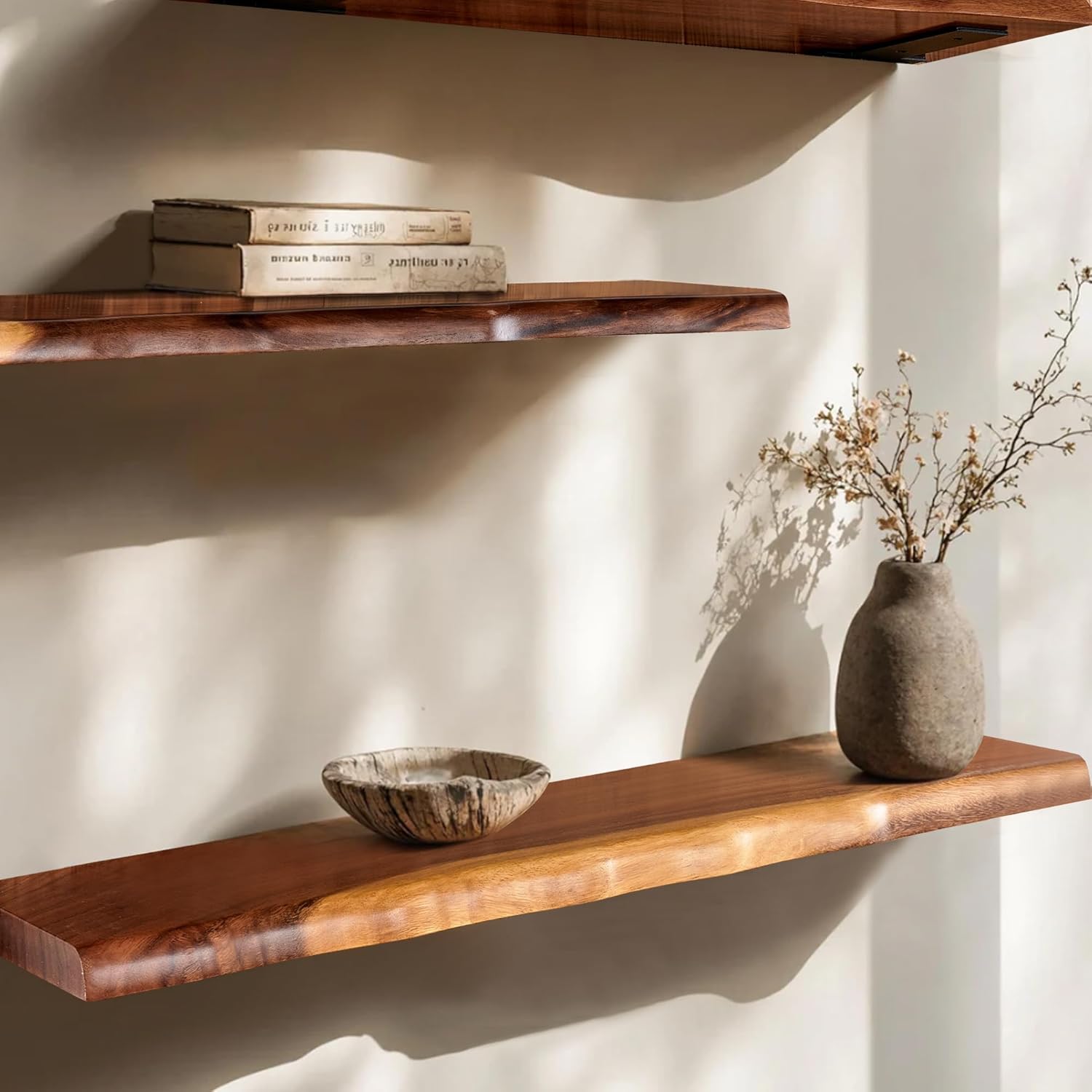 Solid Wood Live Edge Floating Wall Shelf 42" x 8" x 1.4" Rustic Wooden Long Acacia Wall Shelf Bedroom Living Room Office Entryway Home Décor Handmade Plants Book Shelves 1 PC