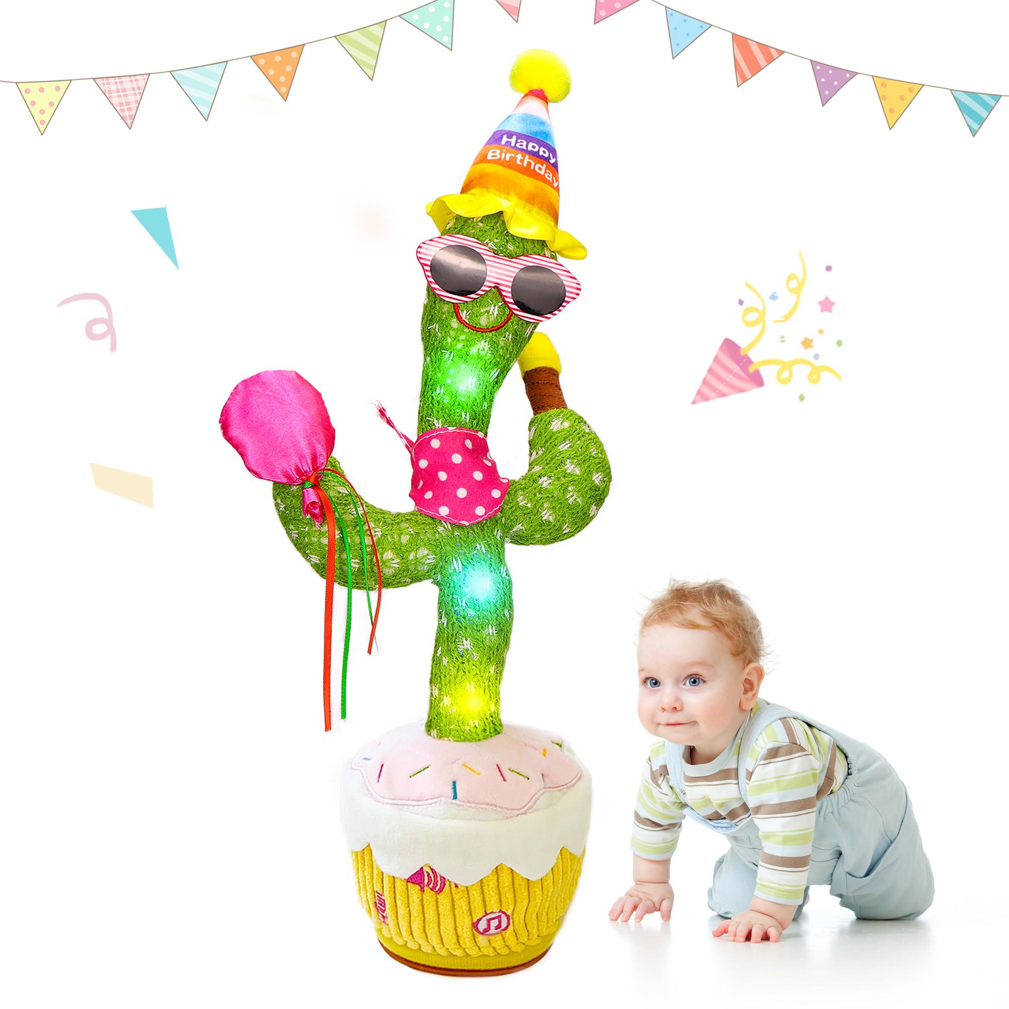 Sprechender Tanzender Kaktus, Singender Kaktus Spielzeug nachsprechen Lautstärke einstellbar, Wackel Kaktus Interaktive Plüschtier für Kinder, Ostern Geschenke für Jungen Mädchen(Geburtstagsstil)