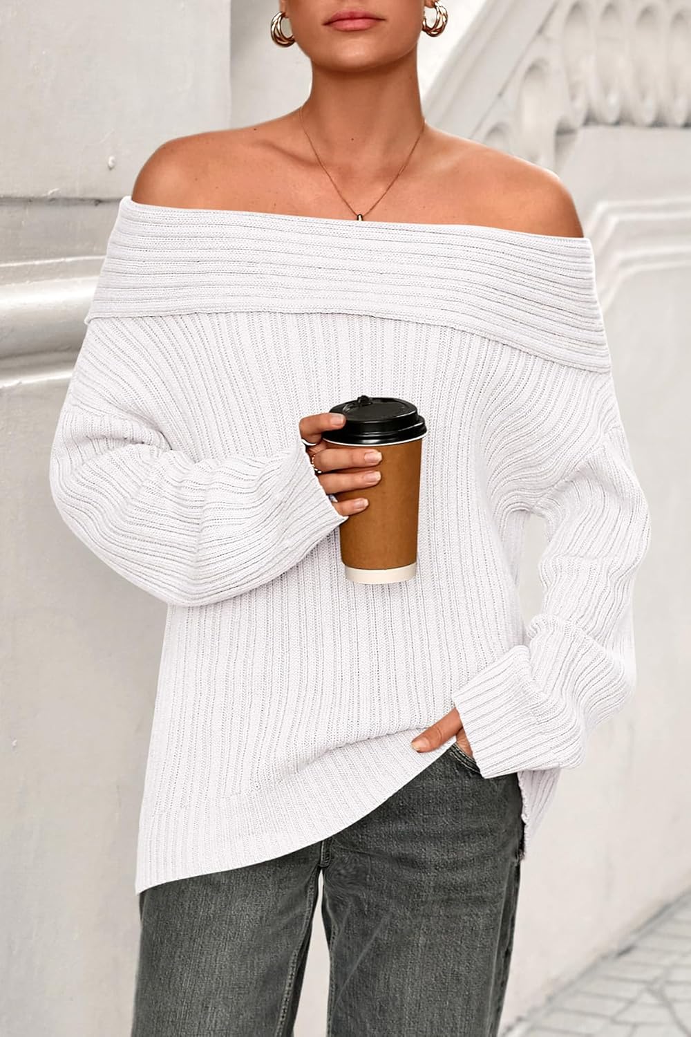 CFLONGE Women's Off The Shoulder Sweater Long Sleeve Oversized Ribbed Knit Fall Pullover Tops Winter Sexy Going Out Outfits - Image 9