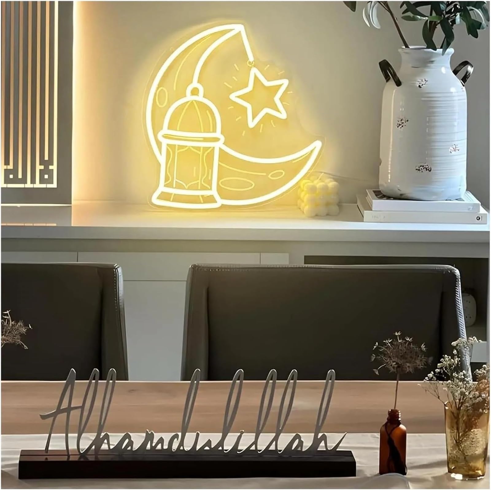 Carteles de neón de arte colgante Ramadán para letrero de neón Castillo Luna para estrella LED para par 34,1 x 32,5 cm