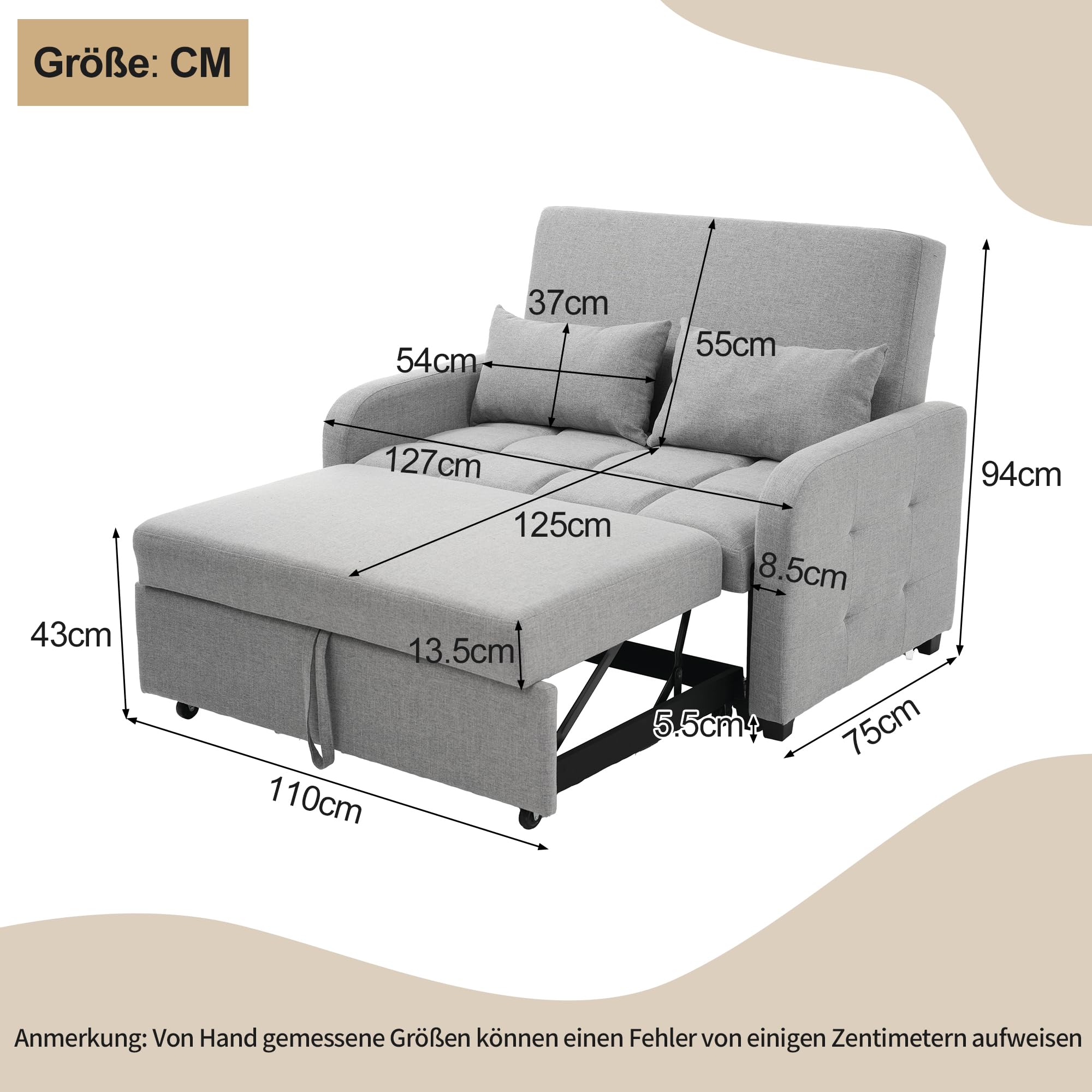 KAZZIO Multifunktionale Klapp-Sofa-Bett, Verstellbares Rückenteil Sofa, Ideal für kleine Wohnungen und Studentenwohnheime, 180x127cm Komfort-Sofa-Bett (Antik Grau)