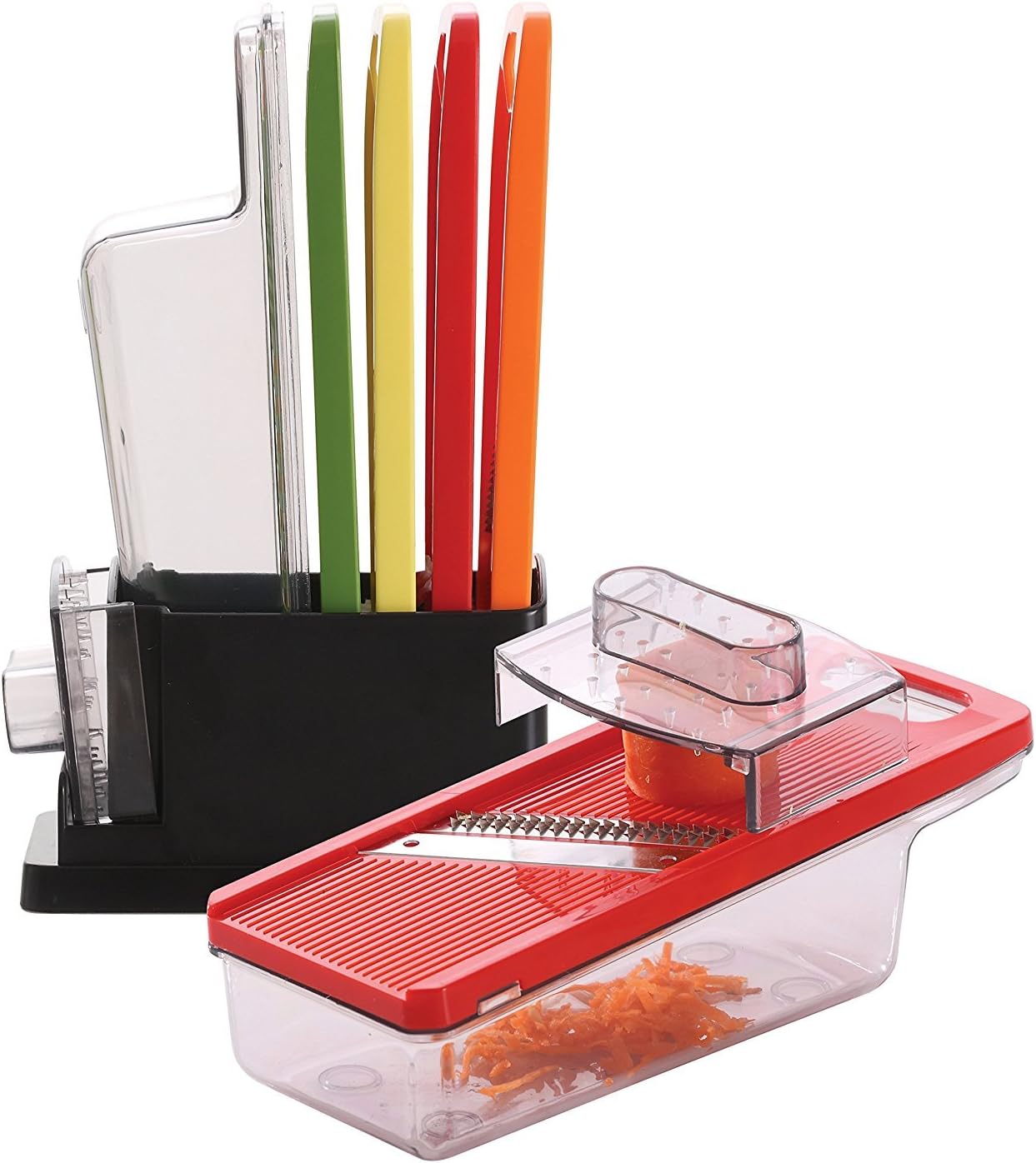 Zell Multipurpose Vegetable Slicer and Grater Set | 4 Interchangeable Stainless Steel Blades with Hand Guard & Storage Safety Stand | Durable Lightweight Slicer for Vegetables, Cheese & Potato