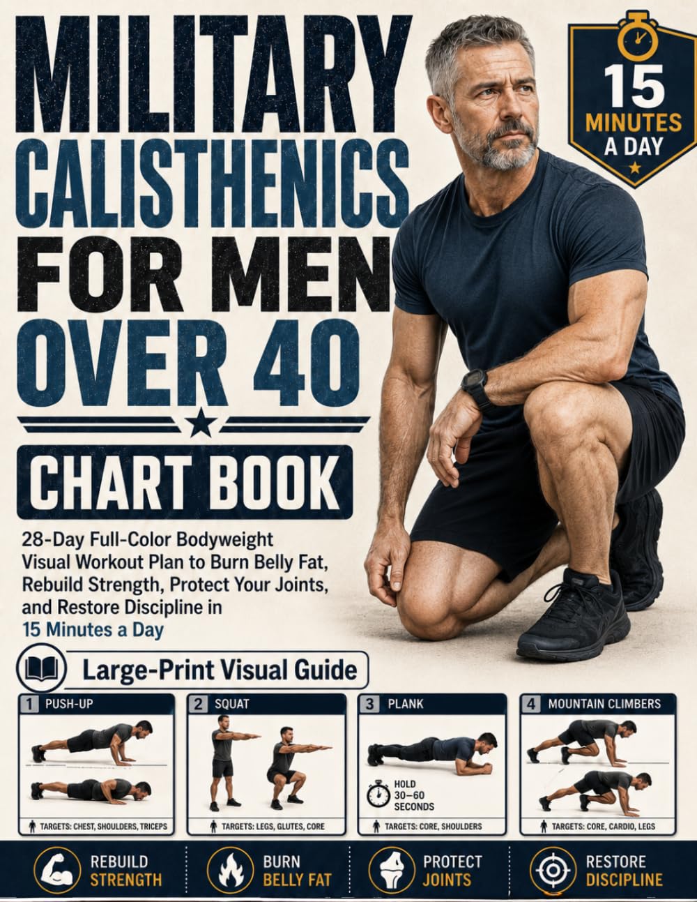 Military Calisthenics for Men Over 40 Chart Book: 28-Day Full-Color Bodyweight Visual Workout Plan to Burn Belly Fat, Rebuild Strength, Protect Your Joints, and Restore Discipline in 15 Minutes a Day