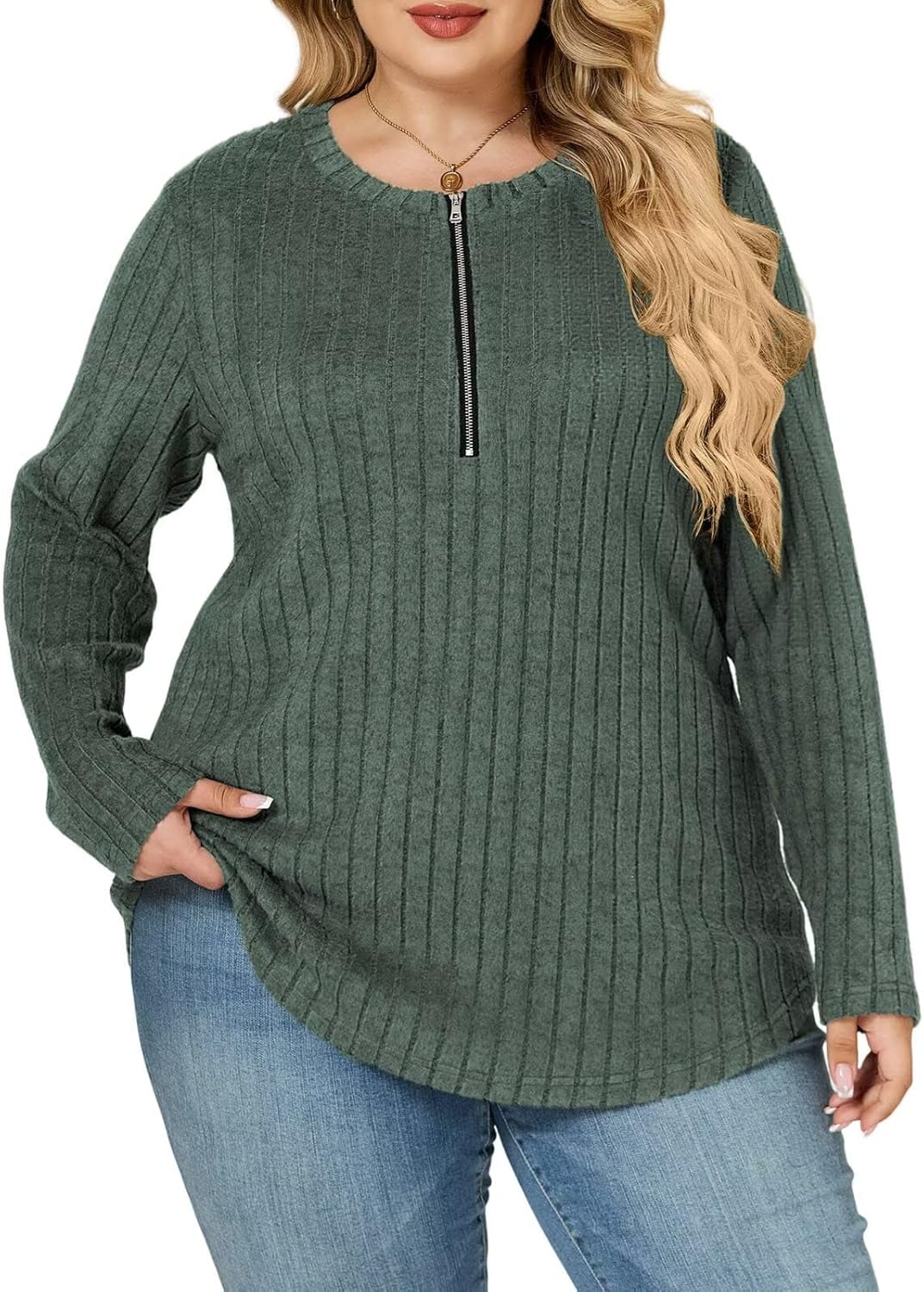 VISLILY Womens-Plus-Size-Long-Sleeve-Tops Quarter Zip Pullover Lightweight Knit Sweaters Casual Shirts Trendy Blouses Tunics - Image 2
