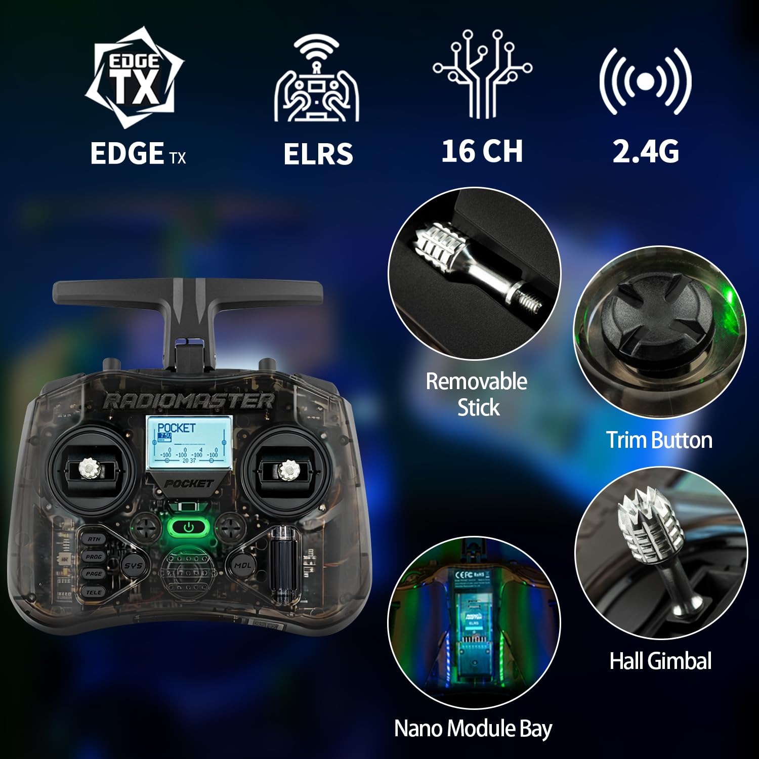 Transmisor Radiomaster Pocket con Gimbal de Efecto Hall, Control Remoto ELRS Portátil y Ligero con Luz LED Integrada, Antena Plegable, Modo 2 (Carbón)