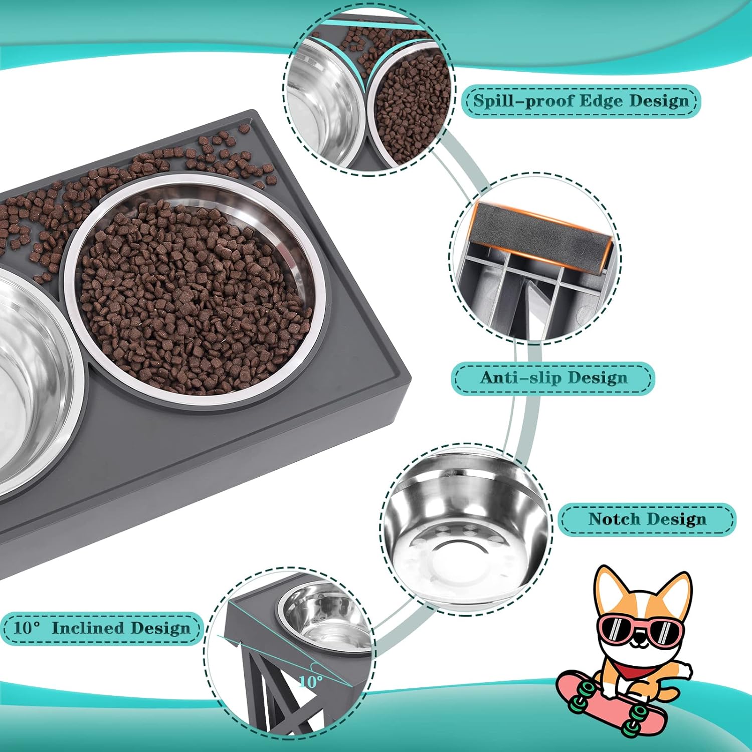 Elevated Dog Bowls Adjustable Raised Dog Bowl with 2 Stainless Steel with Slow Feeder Bowl Food Bowls Stand Non-Slip No Spill Dish Adjusts to 3 Heights for Small Medium Large Dogs