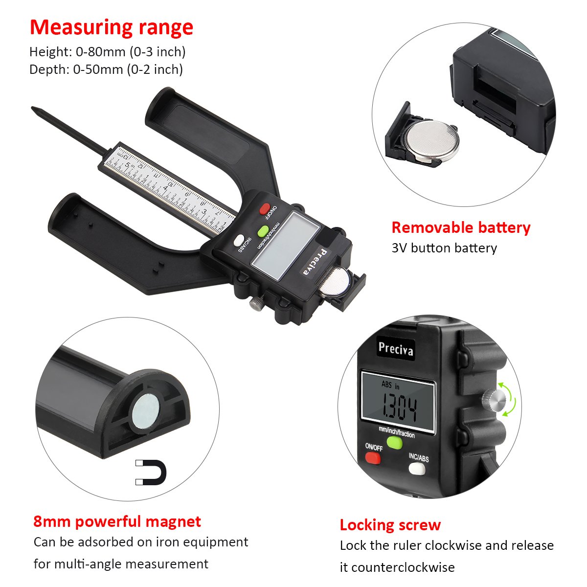 Preciva Digitaler Tiefenmesser, digitaler Höhenmesser, 80 mm/3,14 Zoll, LCD-Display, 0,10 mm/0,004 Zoll Genauigkeit, Tiefenhöhenmessung für Holzbearbeitung, Fräser, Tischkreissäge, Oberfräse