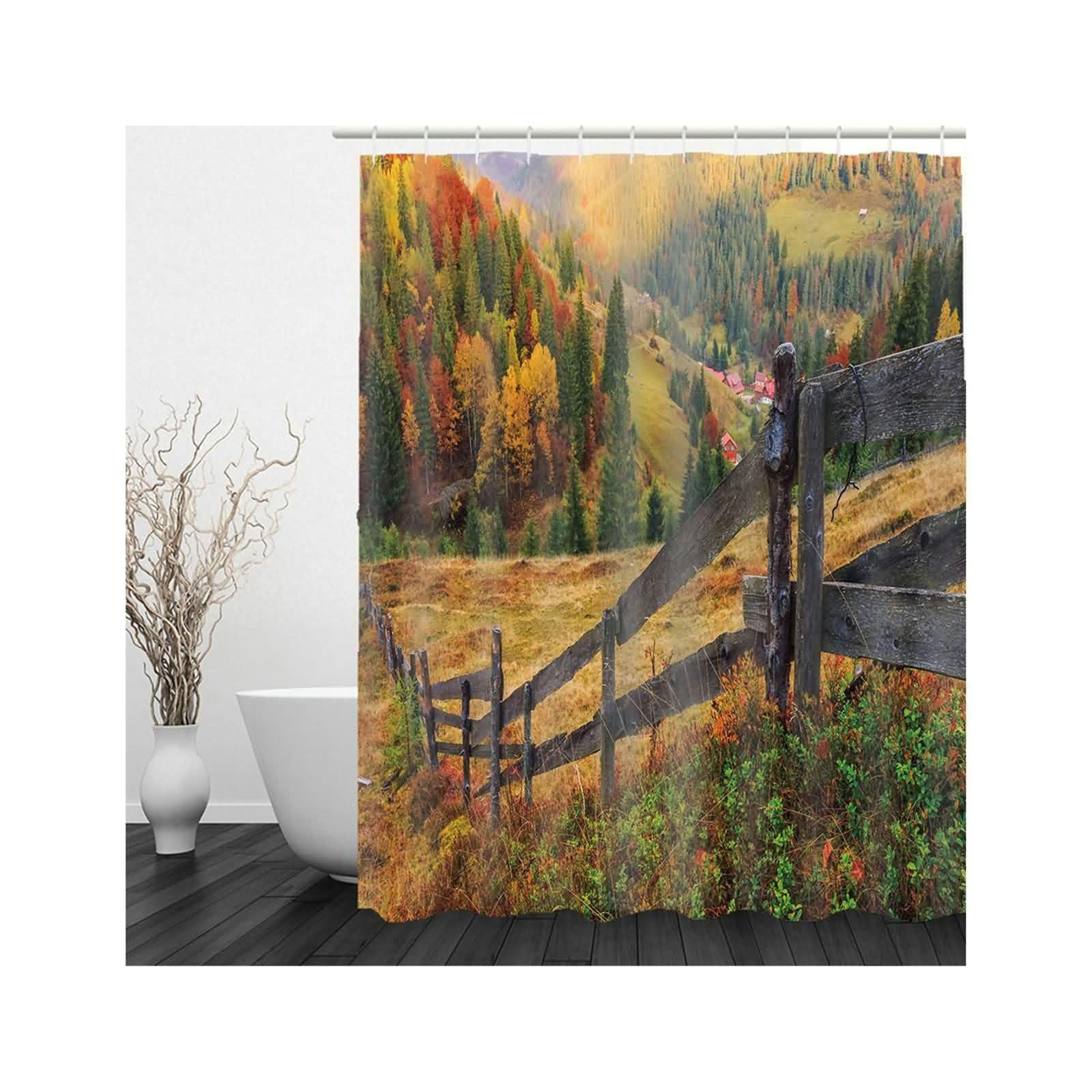 Rideau de douche forêt d'automne rouge jaune vert en tissu polyester lavable avec anneaux