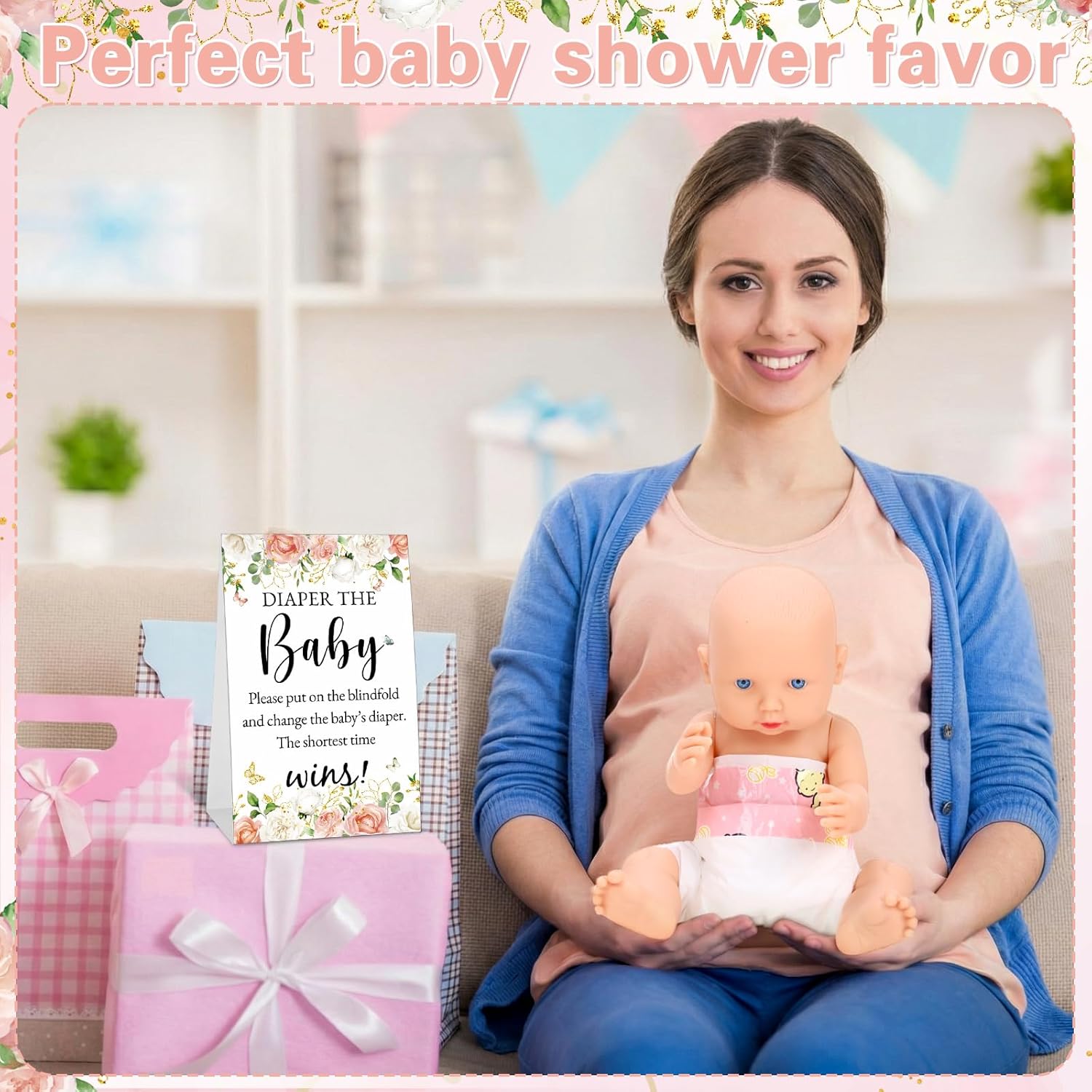 37 Pcs Baby Shower Diaper Changing Game Supplies Including Dolls Blindfold Diapers Cardboard Sign Baby Changing Diaper Race Game Set for Gender Reveal Party (Warmth)