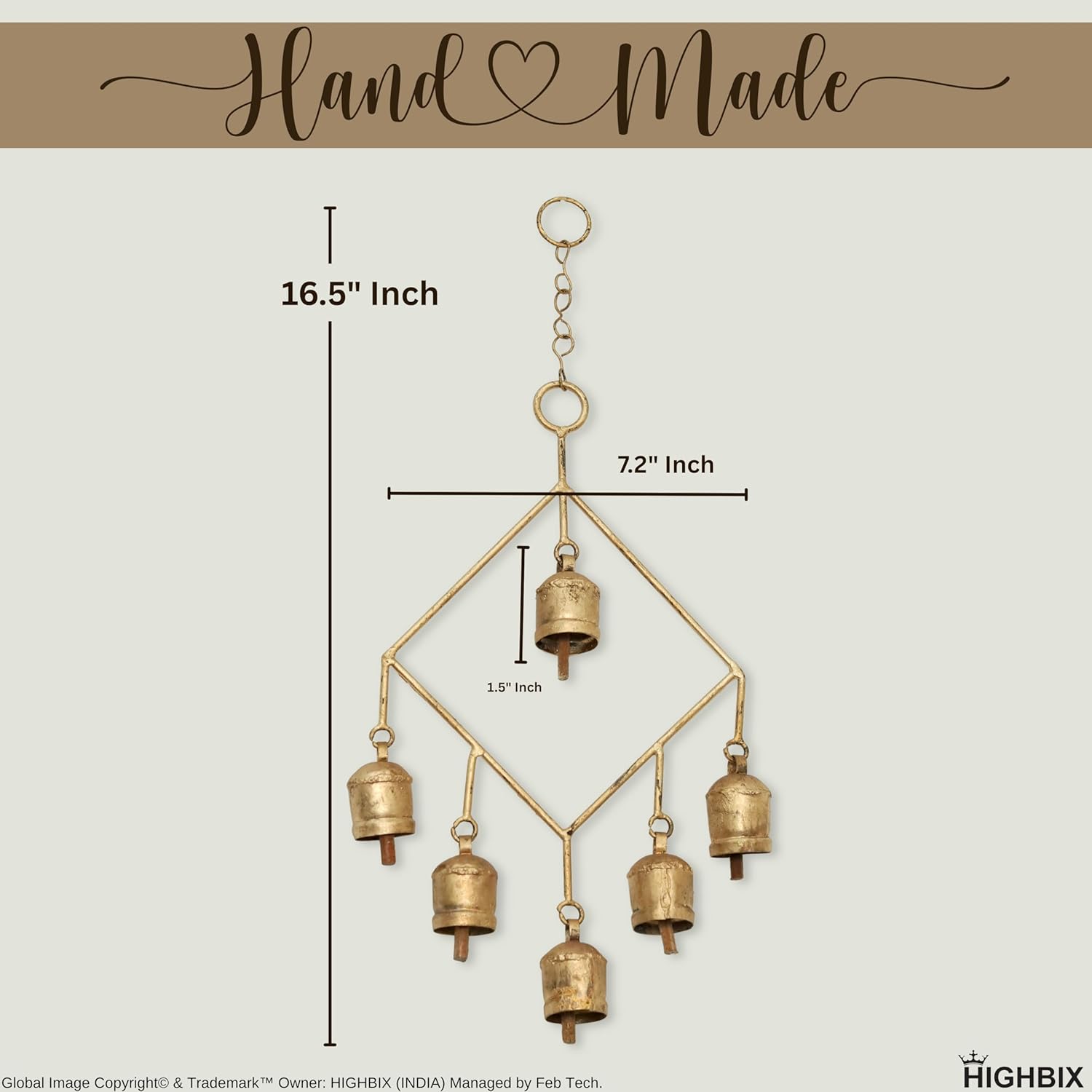 Handmade Rustic 6 Bells Hanging Wind Chime – Vintage Cow Bells on Metal Frame, Boho Farmhouse Wall Hanging, Wind Chime for Home, Patio, Garden & Christmas Décor
