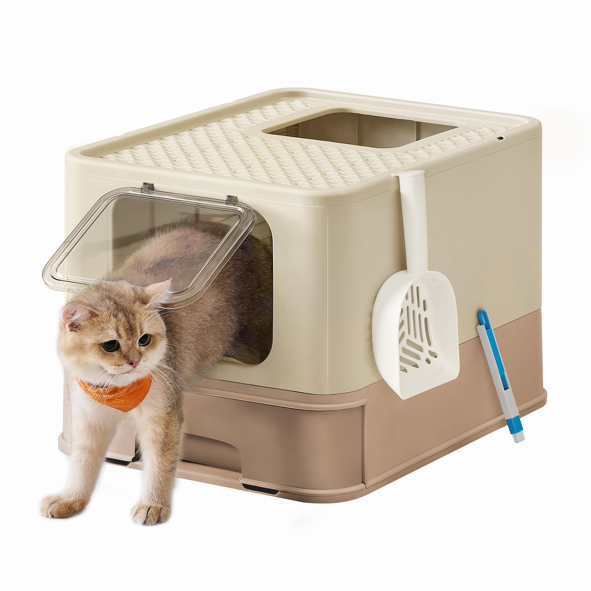 Feandrea Hidden Cat Litter Box, Cat Litter Tray with Hood, Slide-Out Tray, Scoop, Brush, Spacious for Large Cats, Max. Load 15 kg, Anti-Tracking, Anti-Leaking, Sand Beige and Camel Brown PPT001LJ02