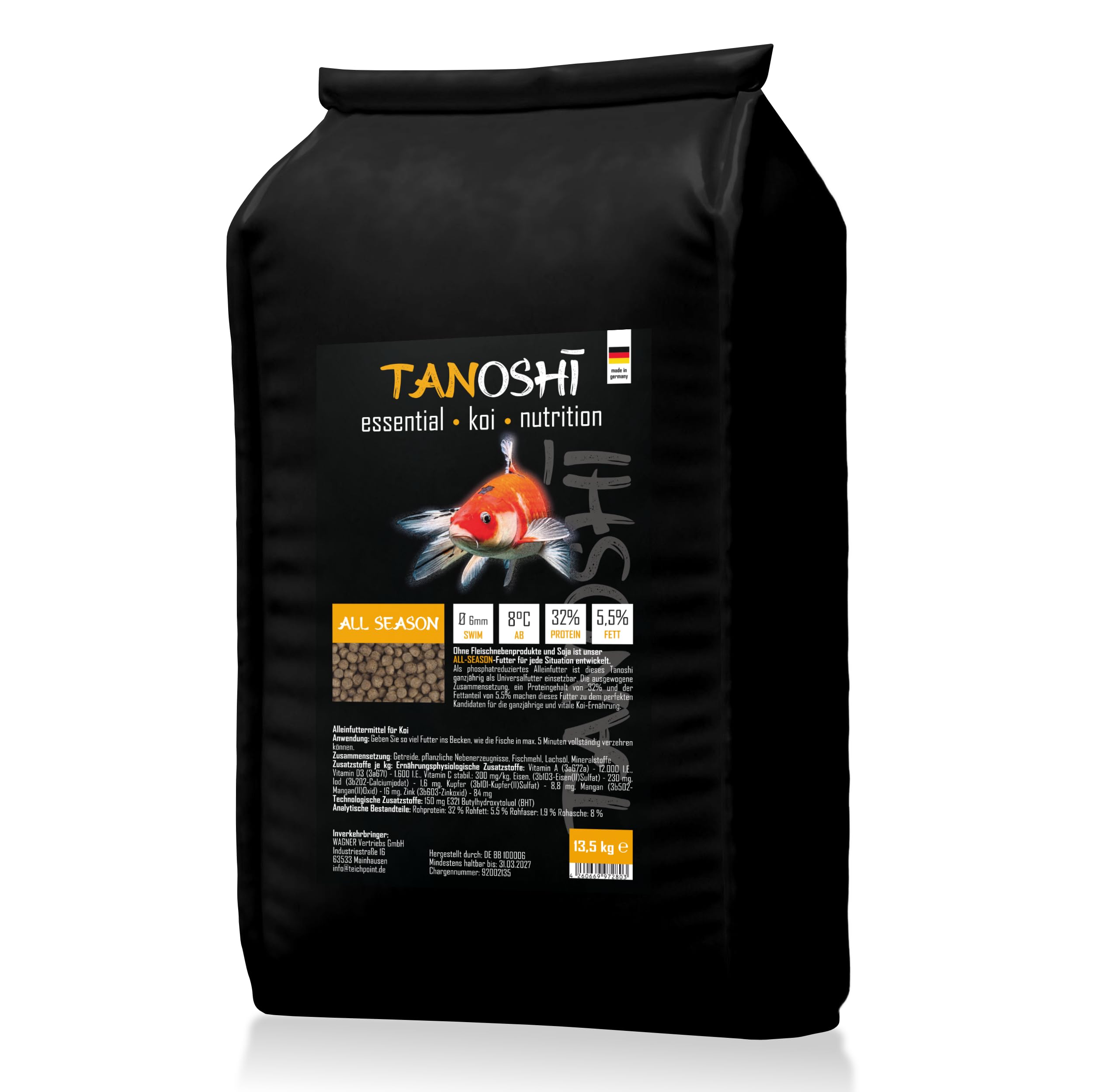 Tanoshi Koifutter - All Season - 6mm 13,5 kg | Schwimmendes Hauptfutter für eine ausgewogene Ernährung | Ganzjahresfutter mit Lachsöl | ab 8°C