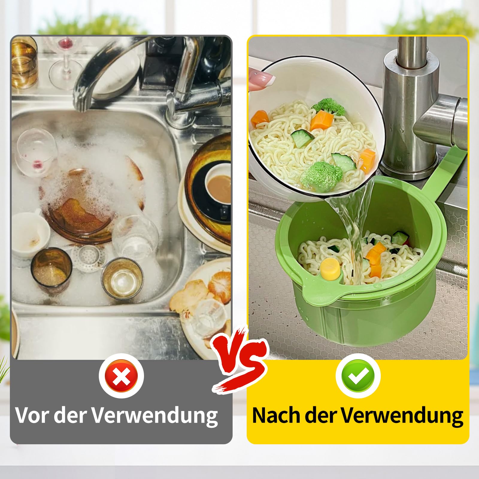 Zeef voor gootsteen met drukknop, afneembare gootsteenzeef van siliconen, om op te hangen aan de kraan, zonder vuile handen – gootsteenzeef keuken voor groenten, fruit en keukengerei