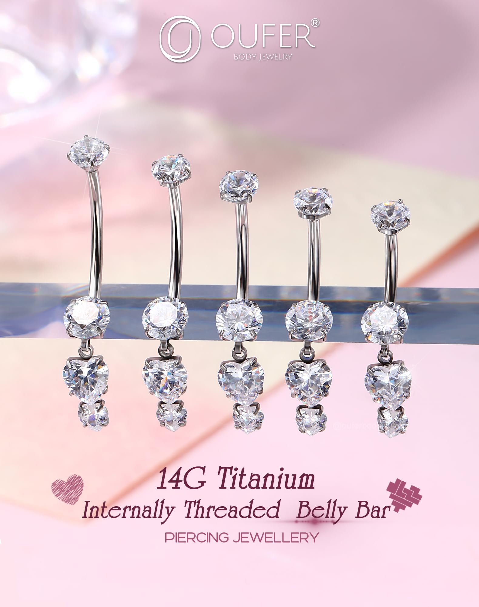 OUFER 14G Titanio G23 Piercing Ombelico Filettatura Interna Cuore Piercing Ombelico Anello Pendente 8/10/12/14/16 mm Belly Bar CZ Trasparente Piercing Ombelico Cerchio Donna