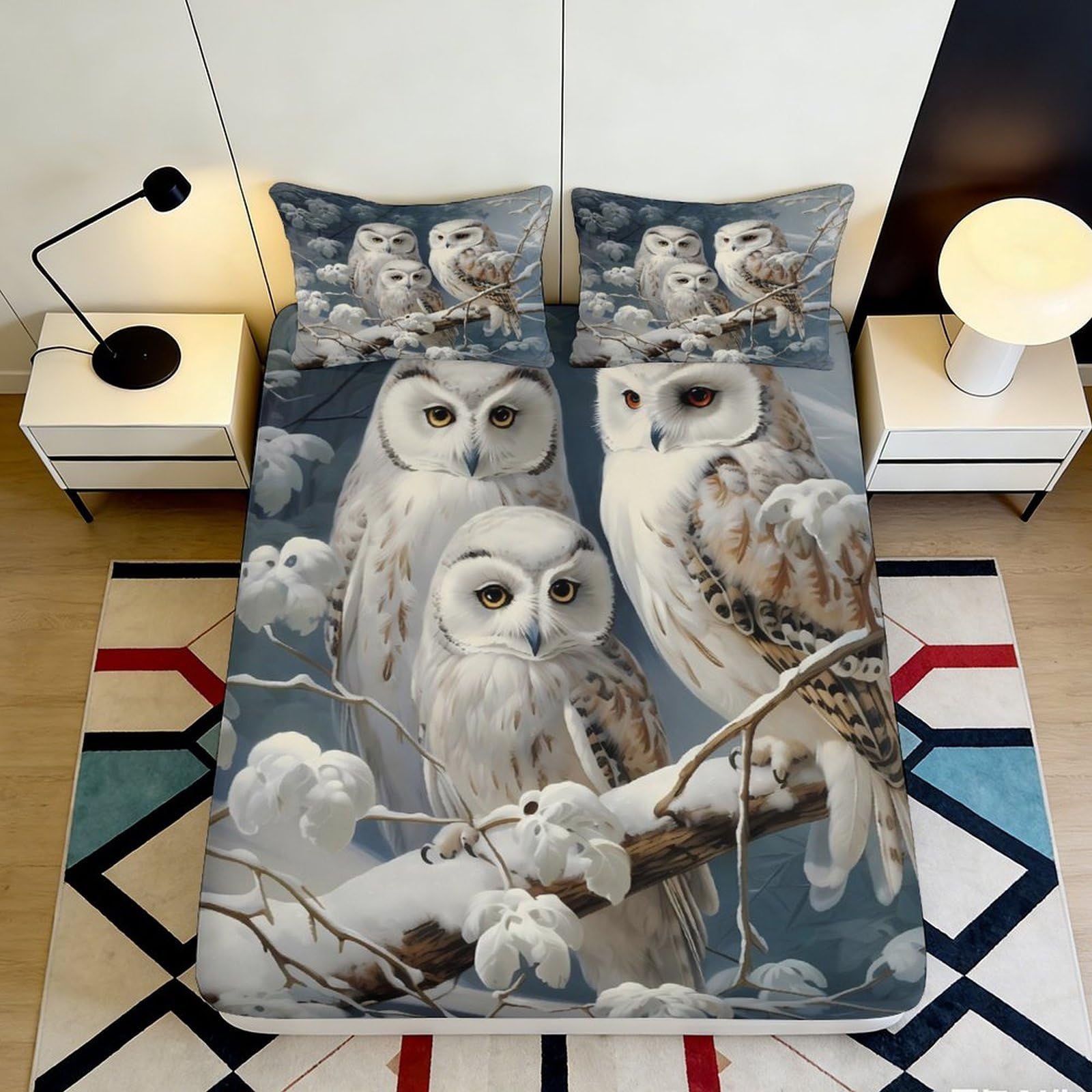 3D Printed Snowy Owl Fitted Sheet Microfiber Soft Artistic Winter Forest Bed Cover for Bedroom Decor Protection 90x200x25cm