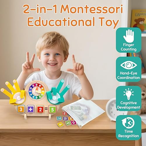 Miniatura 2 de Juguetes Montessori para niños de 3, 4 y 5 años, manipuladores matemáticos con reloj, bloques de números y tarjetas de conteo de dedos, actividades