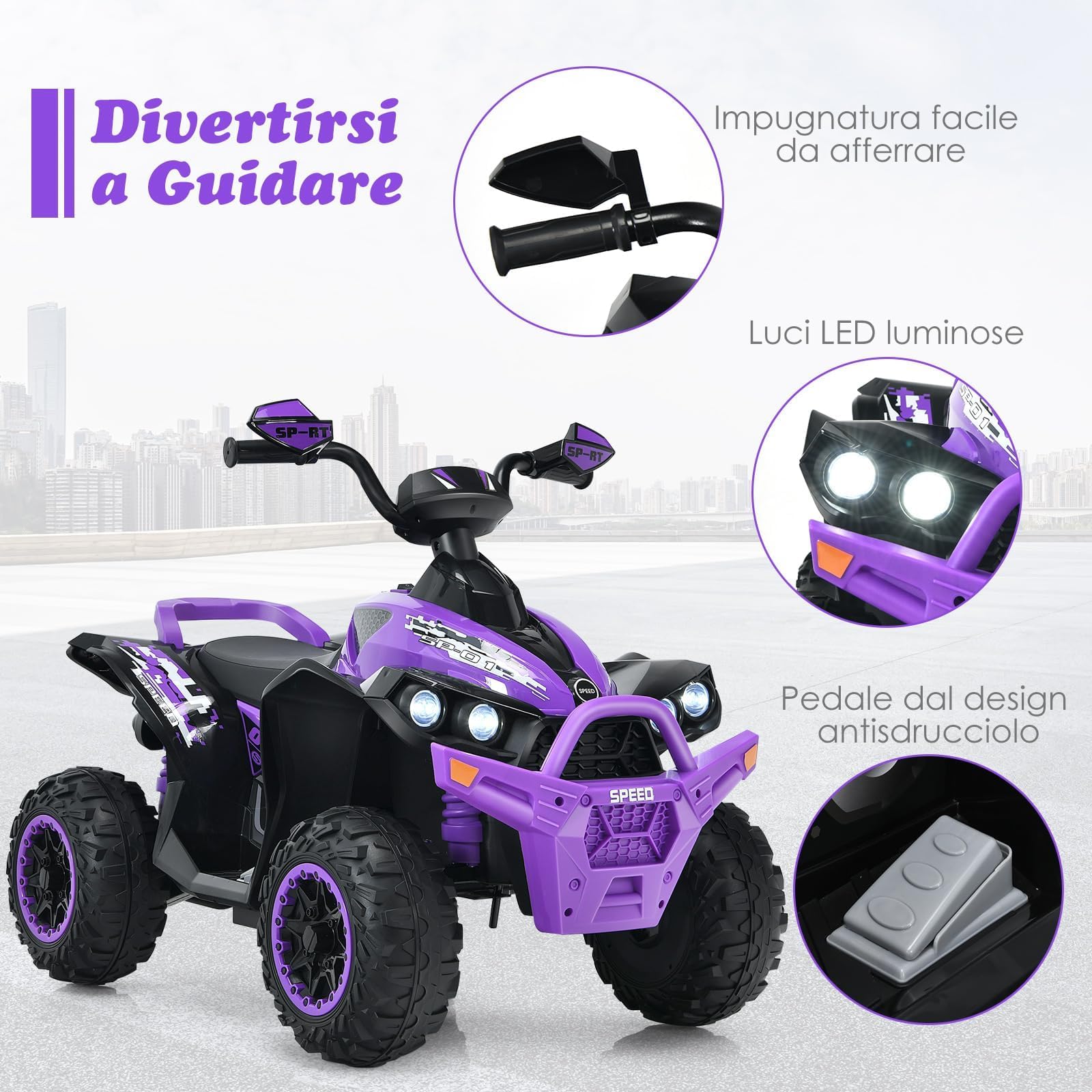 GYMAX Quad Elettrico per Bambini da 12 V, Veicolo per Bambini con Fari a LED, Musica e Clacson, 4 Ruote Antiscivolo e Avviamento Lento, per Bambini 3-8 anni, Capacità di Carico fino a 35 kg (Viola)