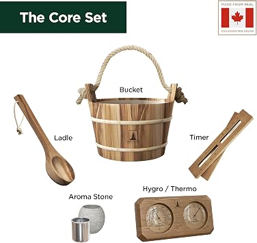 Northwood Sauna - Sauna Accessories Kit - Handmade from Canadian Red Cedar Wood - Core Set (Bucket & Ladle, Thermometer & Hygrometer, Sand Timer, Aromatherapy Cup)