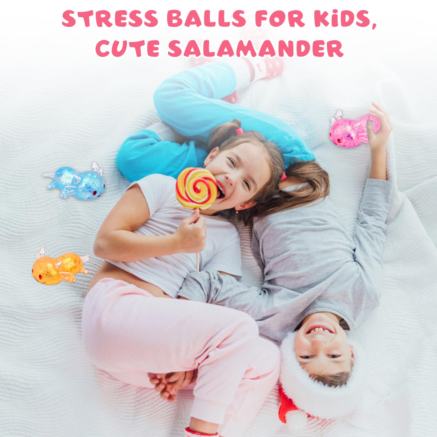 3pcs Axolotl Toy Stress Balls, Cute Glitter Sugar Squeeze Squishy Salamander Soft Animal Relief Fidget for Adults Kids Soothing Gift (Yellow, Pink, Blue) - Image 3
