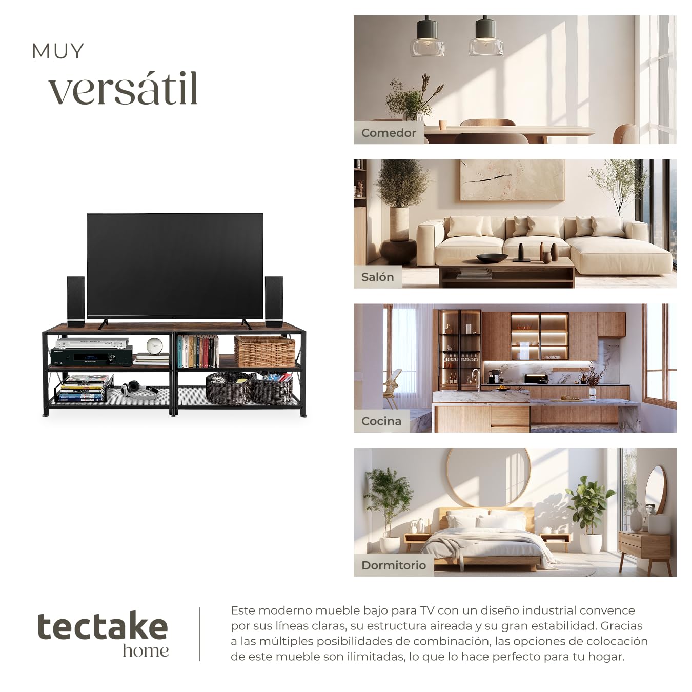 tectake® Mueble TV de Estilo Industrial, Aparador Salon para Televisor con 3 Alturas, Aparadores para Salon y Dormitorio - 161 x 41,5 x 50,5 cm Madera Industrial Oscura, Rústica