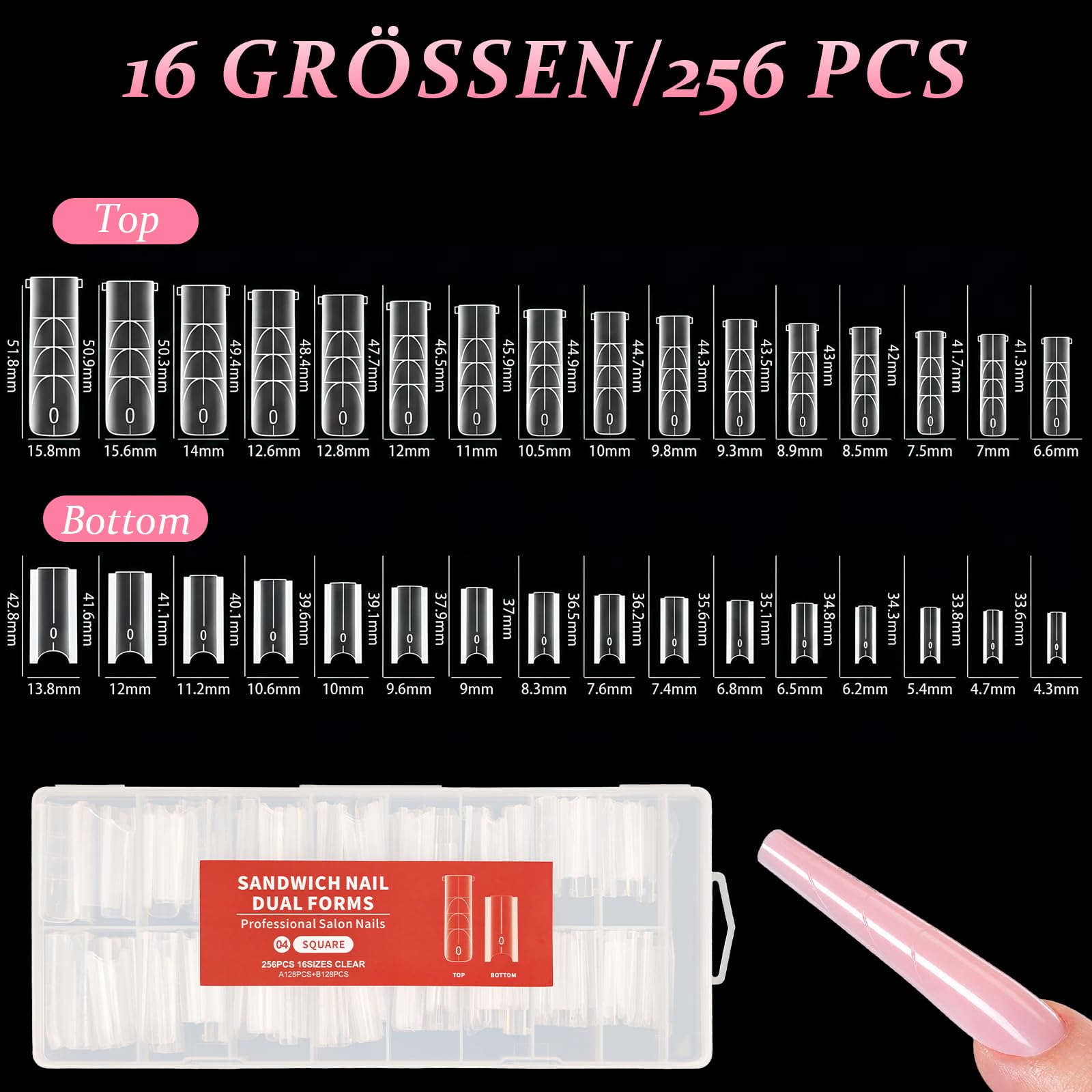 256 Pezzi Sandwich Dual Form, 16 Misure, Con Pennello 2-In-1 Per Unghie e Lima, Per Polygel, Builder Gel e Acrygel, Salone e Fai Da Te, Per Principianti(Mandorla)
