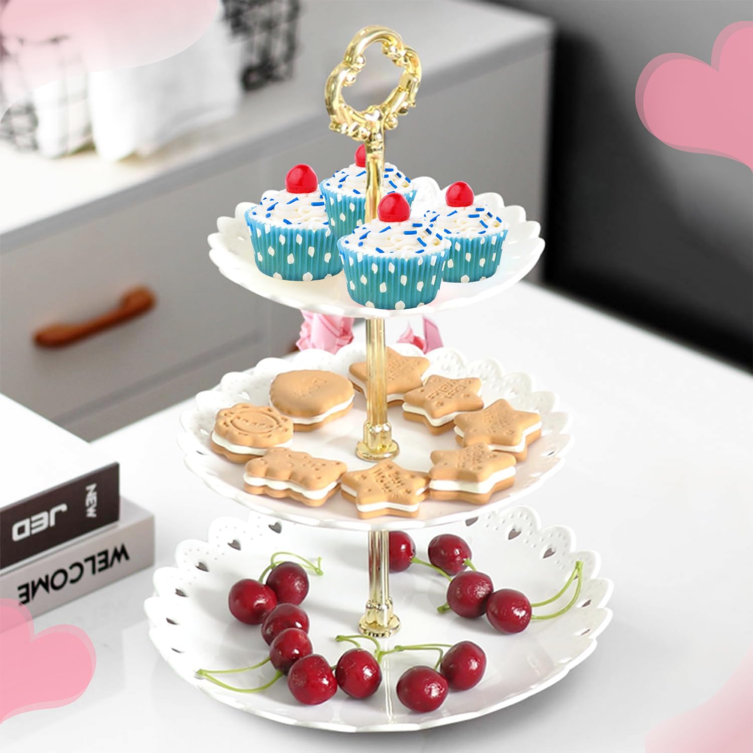 Supporto A 3 Livelli Per Cupcake E Dolci – In PP Con Anelli Dorati, Per Matrimoni, Compleanni E Tea Party