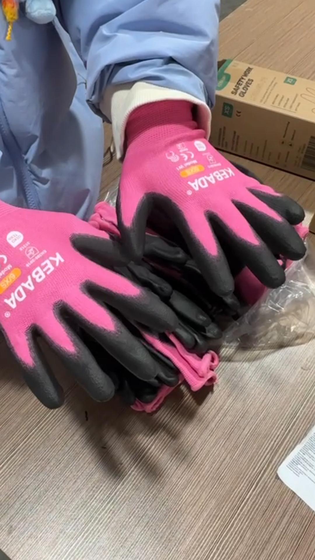 Image of Kebada W1 Work Gloves Women, PU Coated Safety Gloves with Grip, Touchscreen, Ideal for Warehouse Package Handling, Construction, Gardening, Pink Large