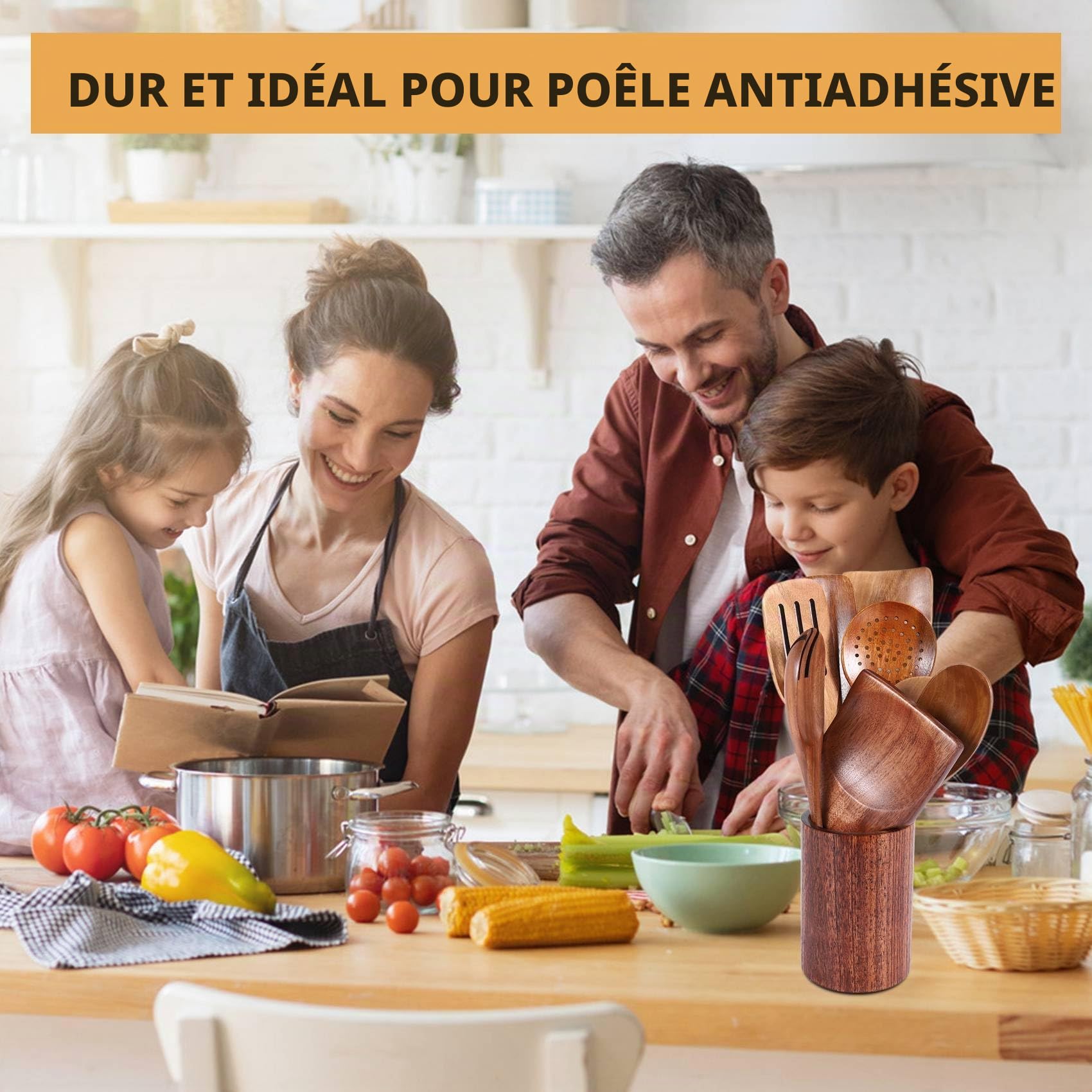 Lot de 9 Ustensiles de Cuisine en Bois Nature - Spatule à Wok, Écumoire, Cuillères à Salade et à Soupe avec Porte-Ustensiles