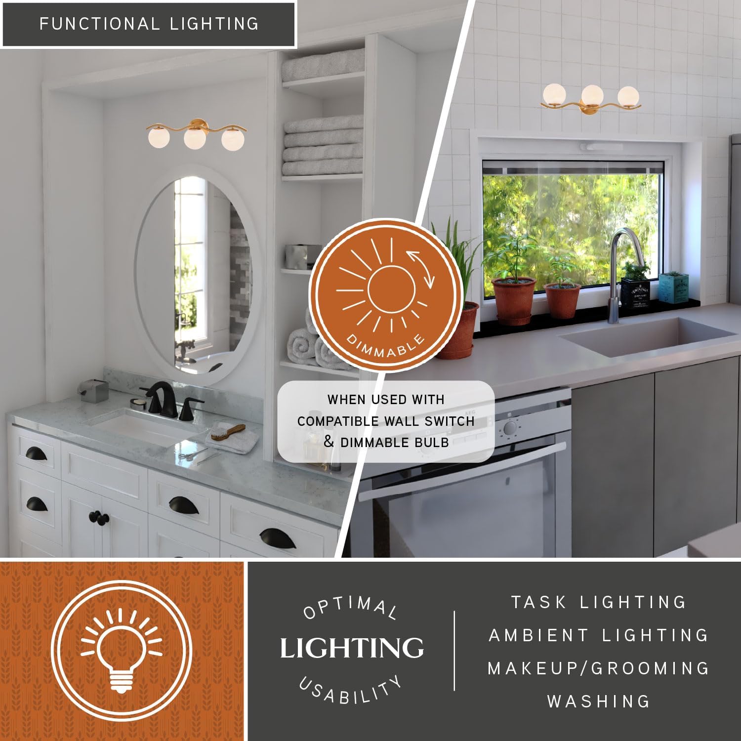 VAXCEL Monticello 3-Light 22 in. Wide Muted Brass Gold Bathroom Vanity Lighting Fixture, White Alabaster Glass Globe Shade, Dimmable, Reversible Over The Mirror Mounted Steel Wall Sconce