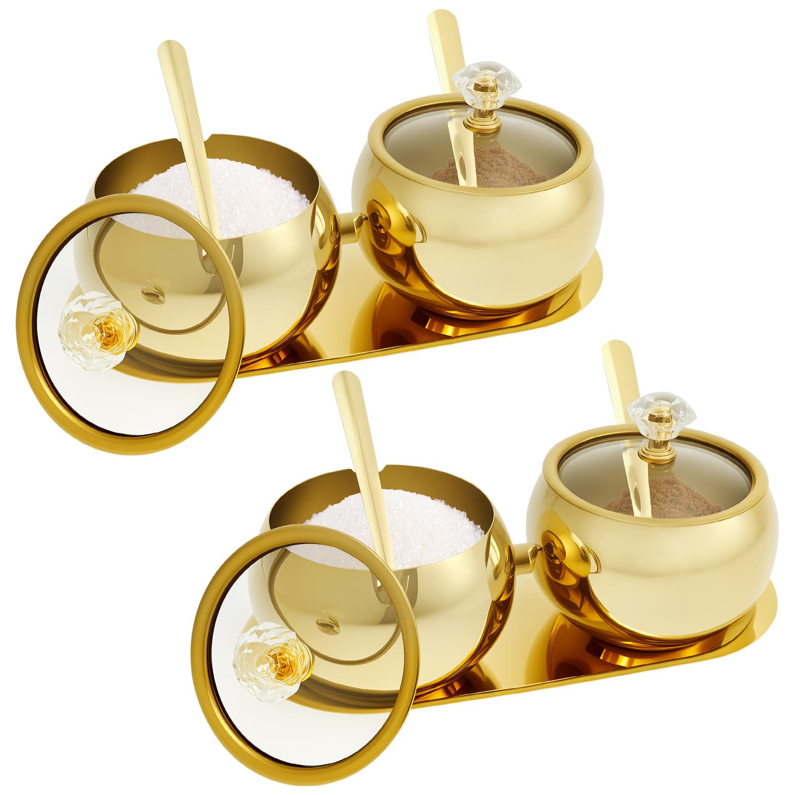 shaojian Sugar Bowl with Lid and Spoon, 4pcs Stainless Steel Salt and Sugar Pot with Glass Lid - 10oz Gold Spice Jars Kitchen Countertop Storage Accessories for Condiments Candy Coffee Bean