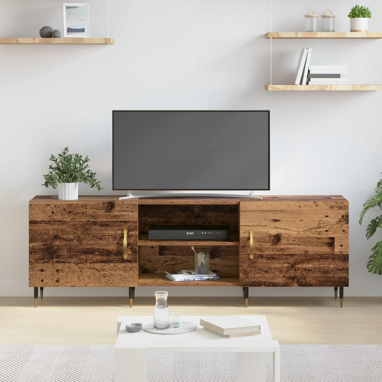 Mobile TV in legno ingegnerizzato con finitura in legno vecchio 150 x 30 x 50 cm con ante a cerniera e maniglie dorate, ideale come credenza moderna per soggiorno, camera o zona gaming