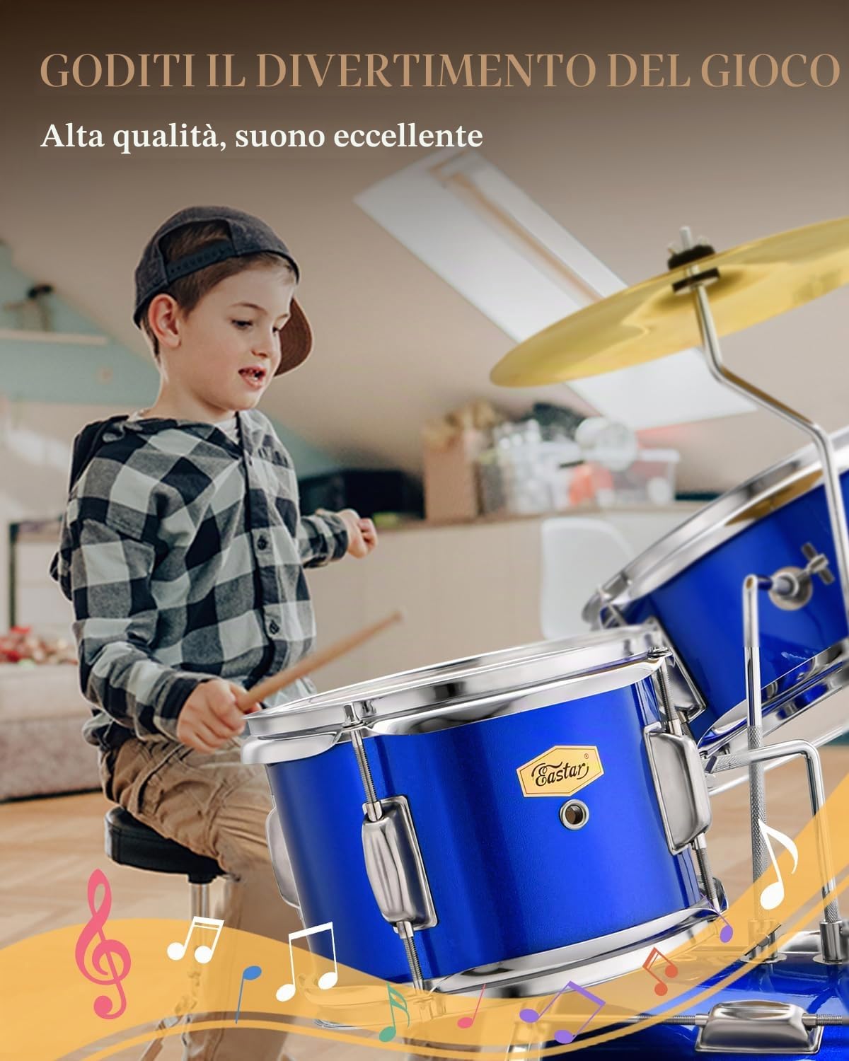 Eastar Batteria per Bambini per età 3-10 Anni, Junior Drum Set con Rullante, Tom, Grancassa, Pedale Grancassa (Specchio Blu)