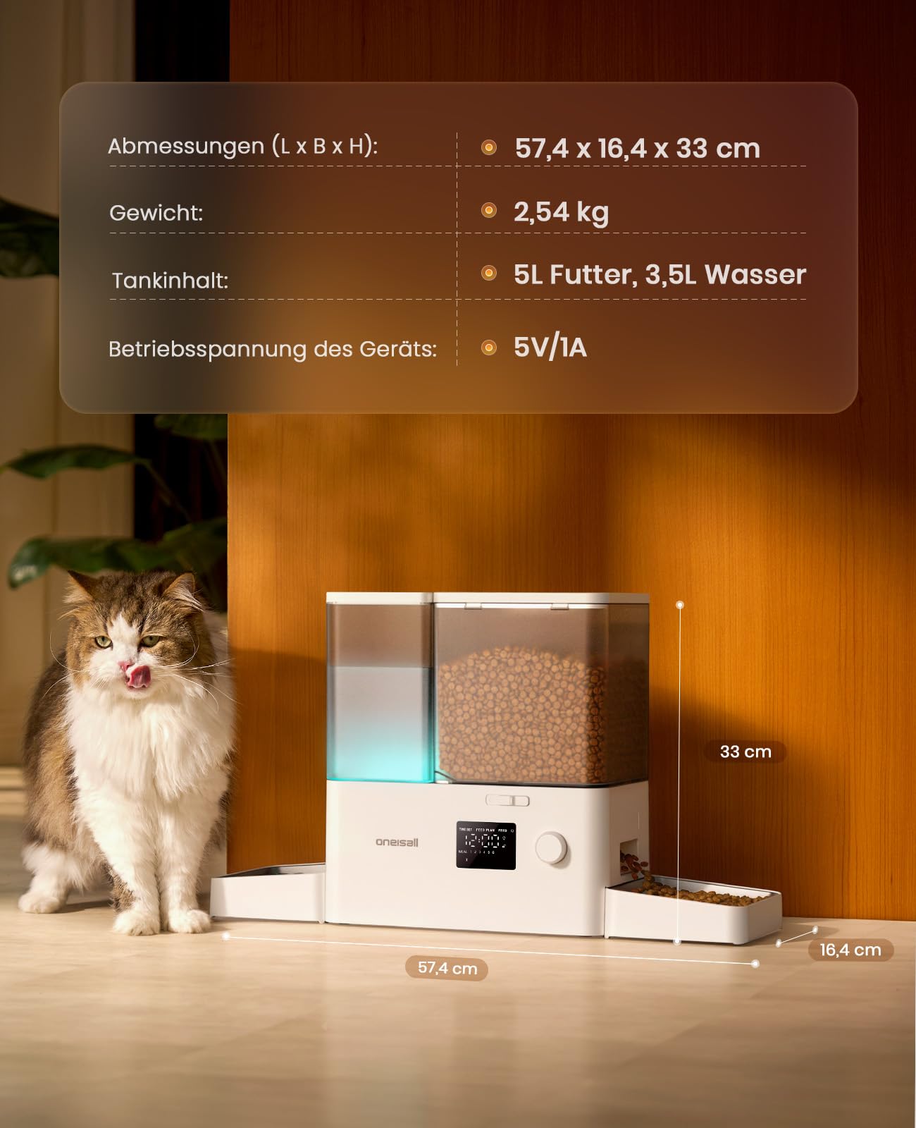 oneisall Futterautomat Katze und Trinkbrunnen 2-in-1, 8,5L/1-36 Portionen, 5L Futterspender mit 3,5L Katzenbrunnen, 2 Edelstahlschalen, Einfache Installation und Reinigung, für Katzen, BPA-frei
