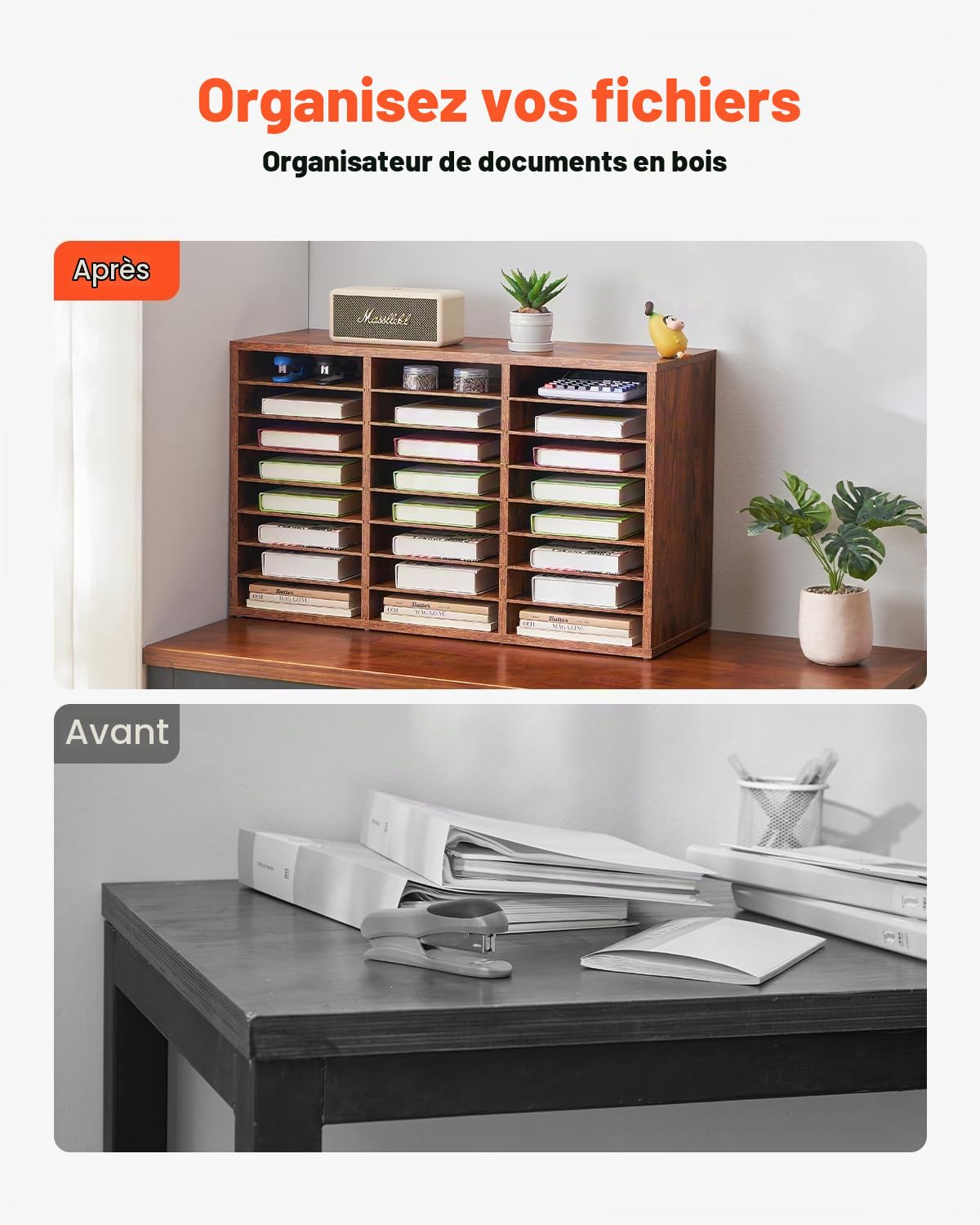 VEVOR Organiseur de littérature 24 compartiments, boîte aux lettres de bureau en bois, panneau de particules, avec étagères amovibles, trieur de fichiers pour dossiers, document, papiers, marron foncé