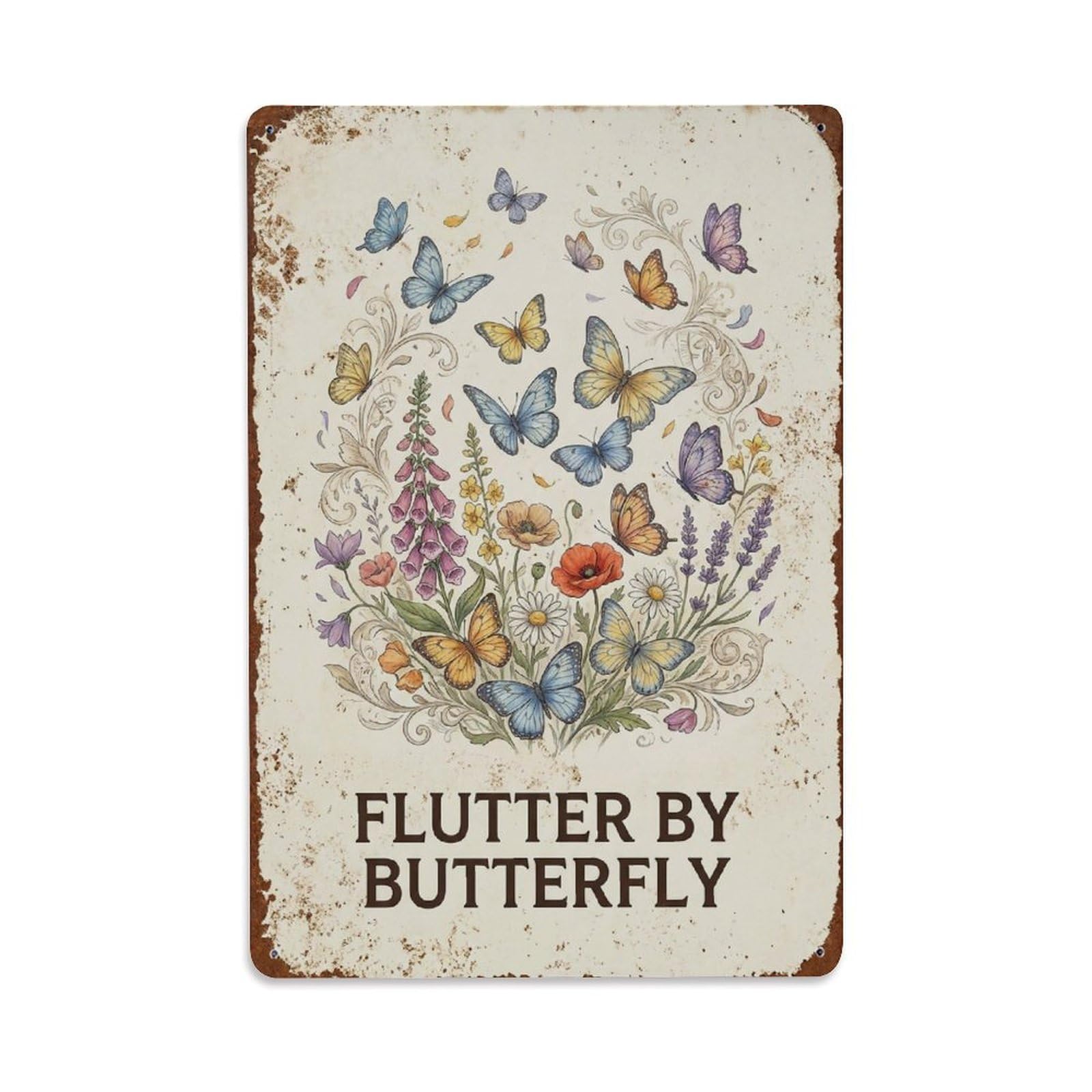 Okngb Style Butterfly Journey Garden Quote Rustic Vintage Bold Metal Tin Sign Plaque Wall Decor For Cafe, Man Cave, Club Bar, Office, Home Garden Round Metal Poster 8X12inch